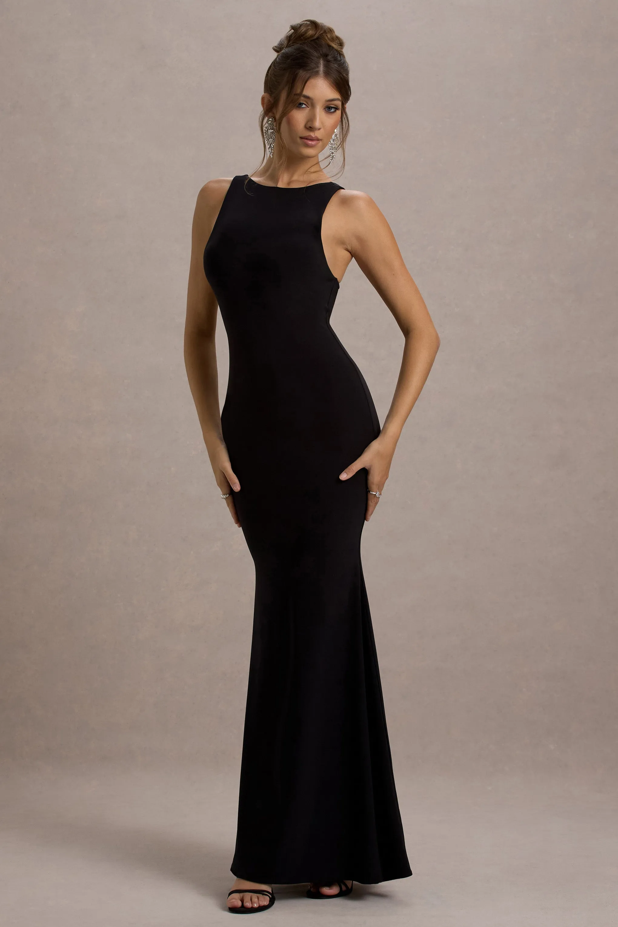 Odelle | Black Boat-Neck Racer-Back Maxi Dress Club L London