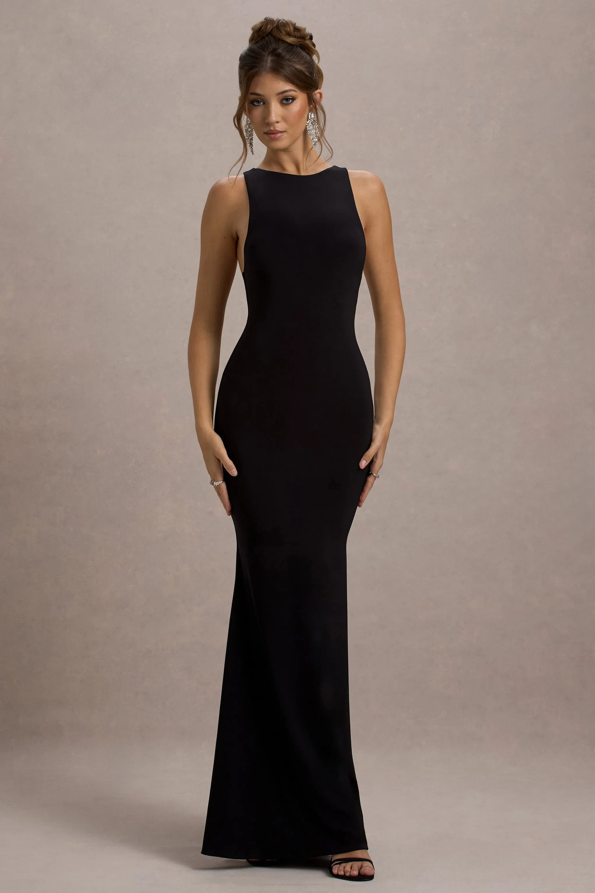 Odelle | Black Boat-Neck Racer-Back Maxi Dress Club L London