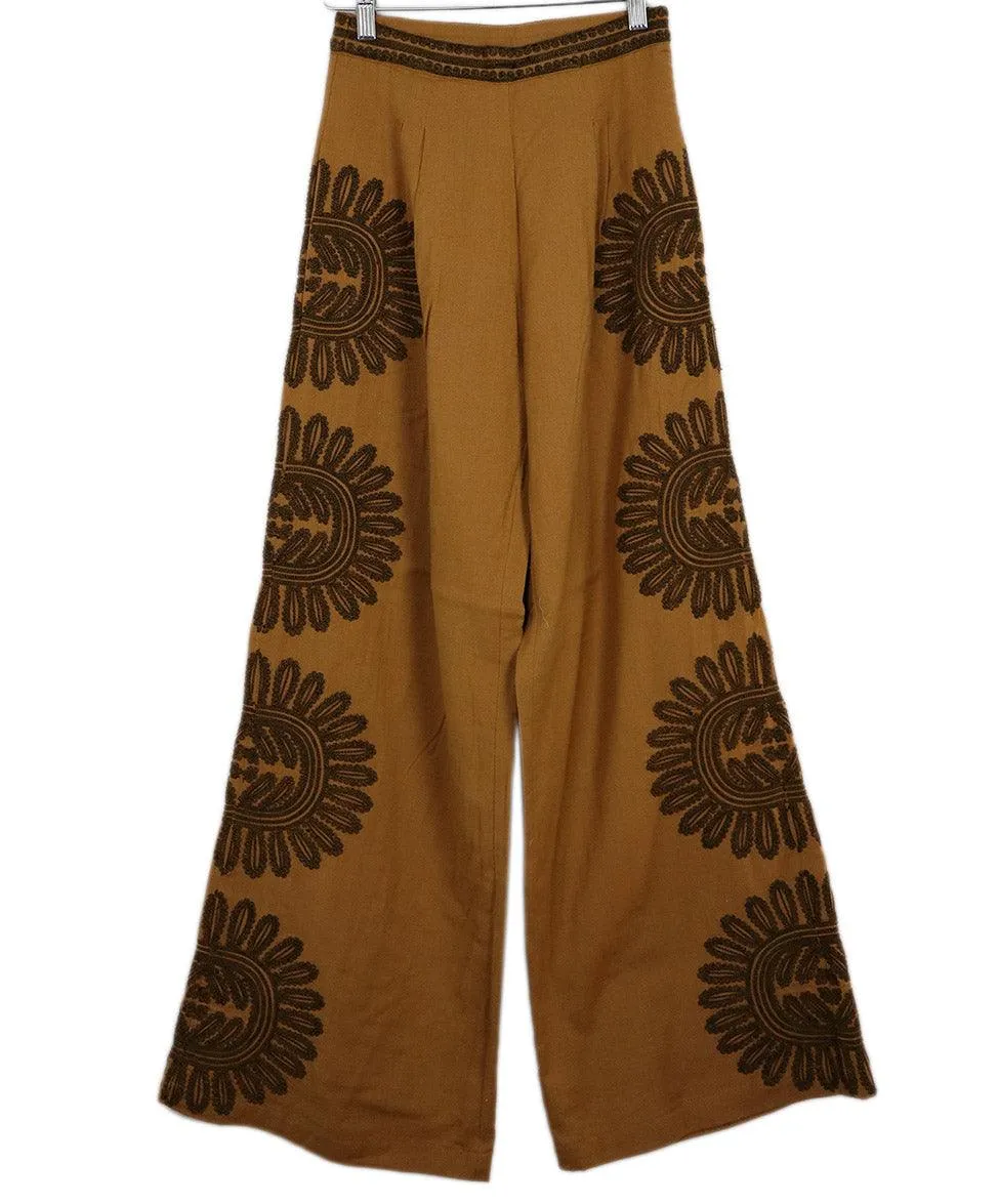 Ollari Tan Embroidered Linen Pants sz 2