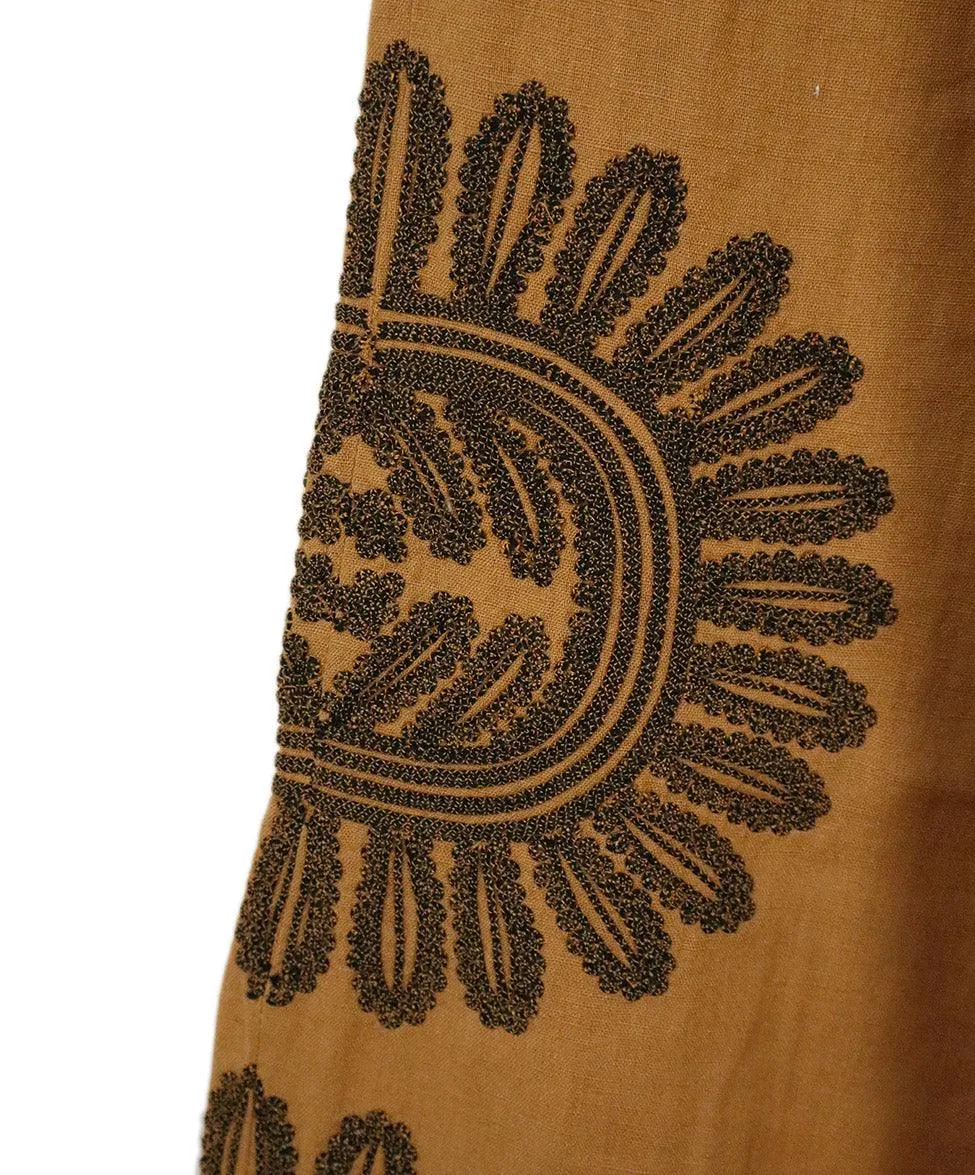 Ollari Tan Embroidered Linen Pants sz 2