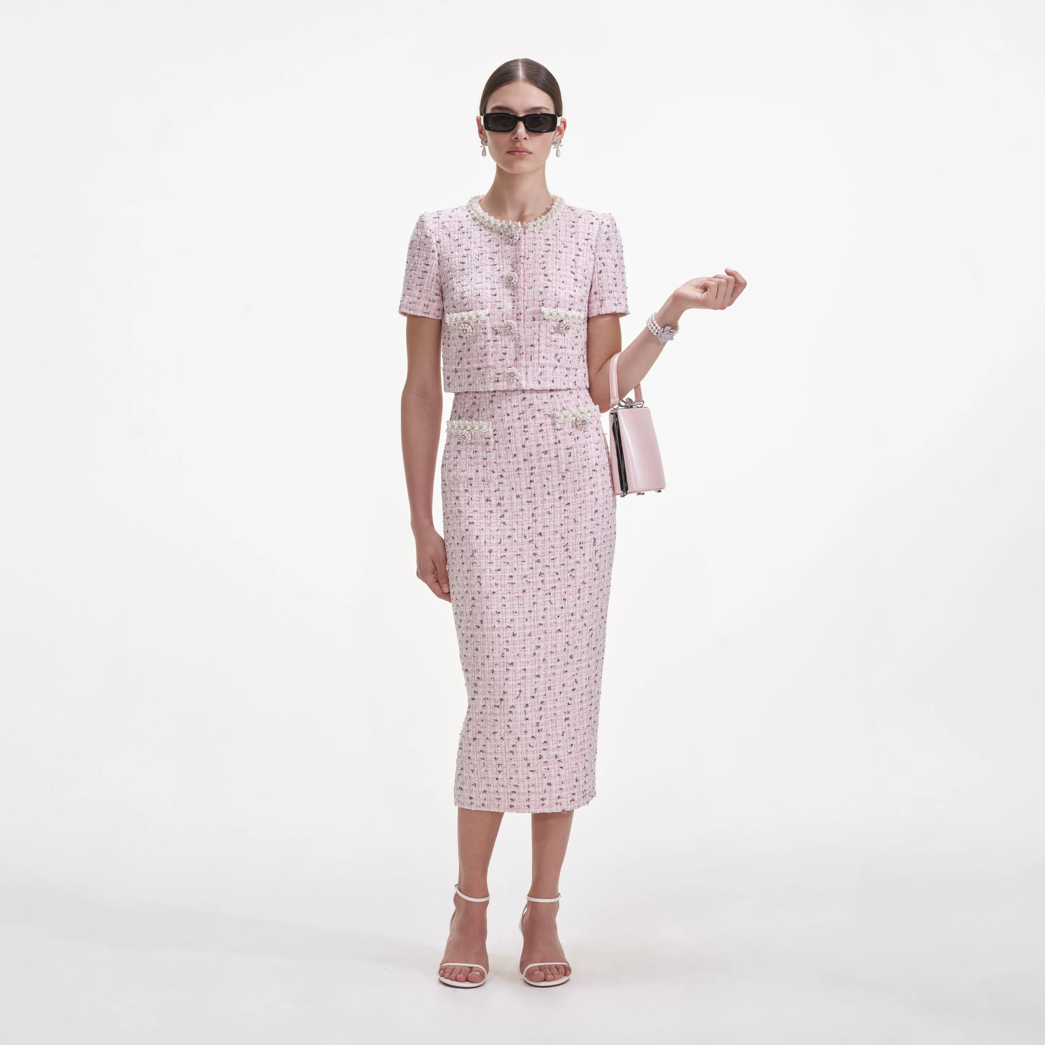 Pink Boucle Pearl Midi Skirt Self Portrait
