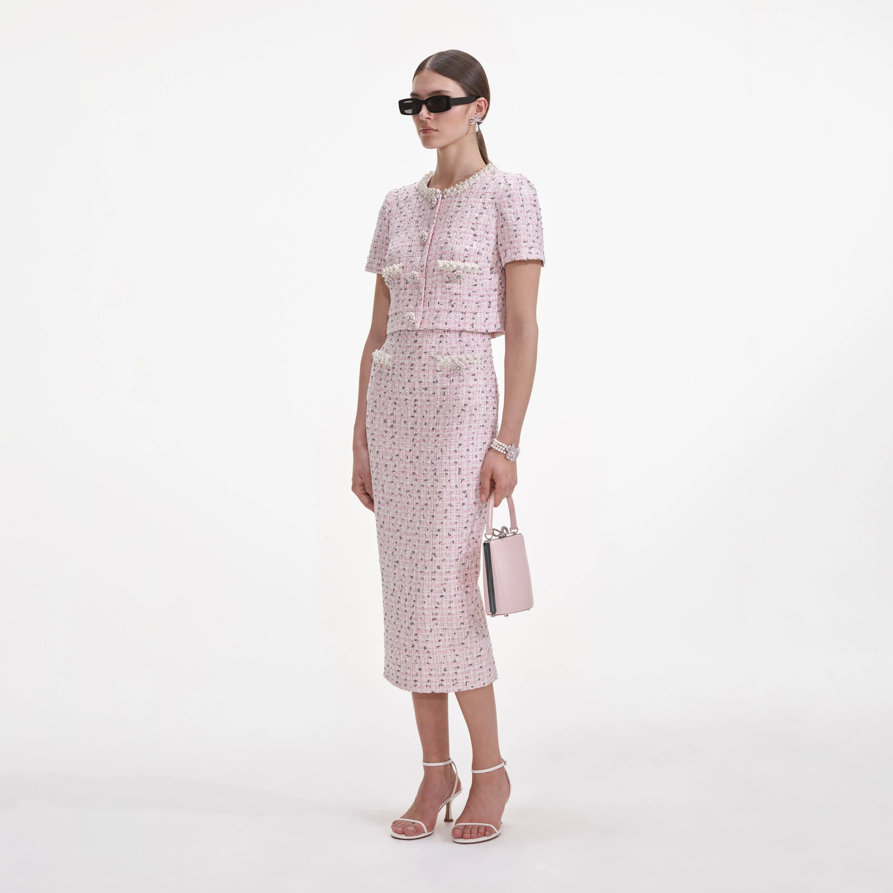 Pink Boucle Pearl Midi Skirt Self Portrait