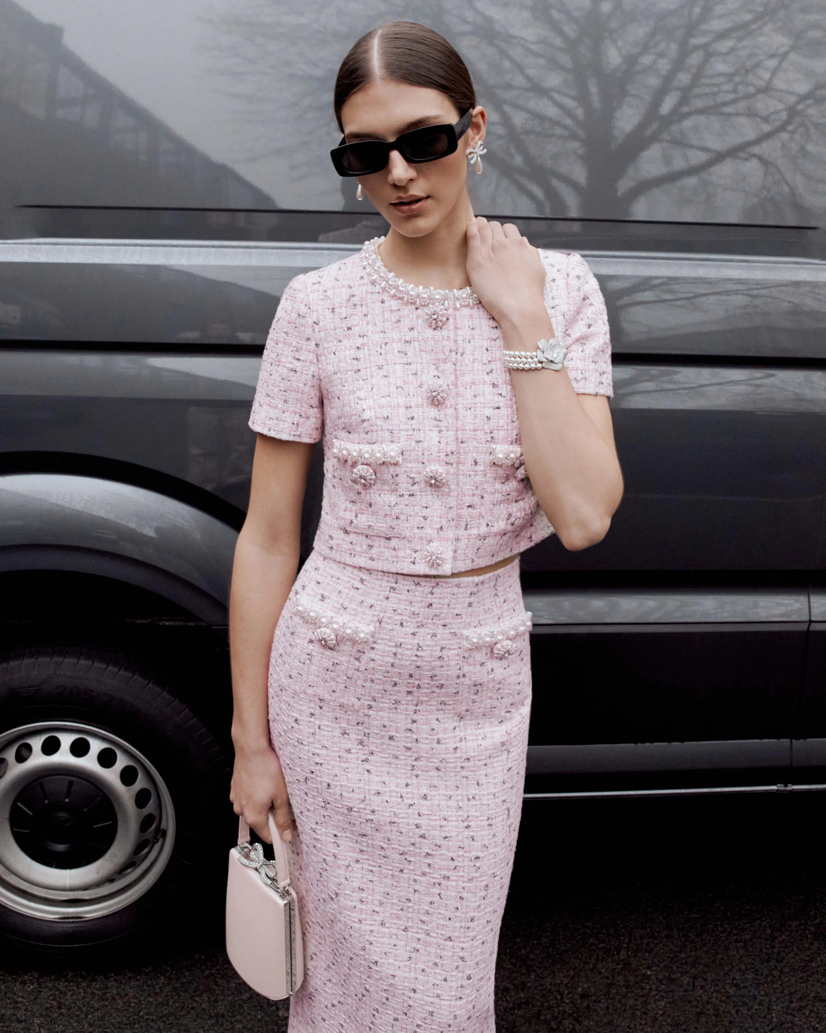 Pink Boucle Pearl Top Self Portrait