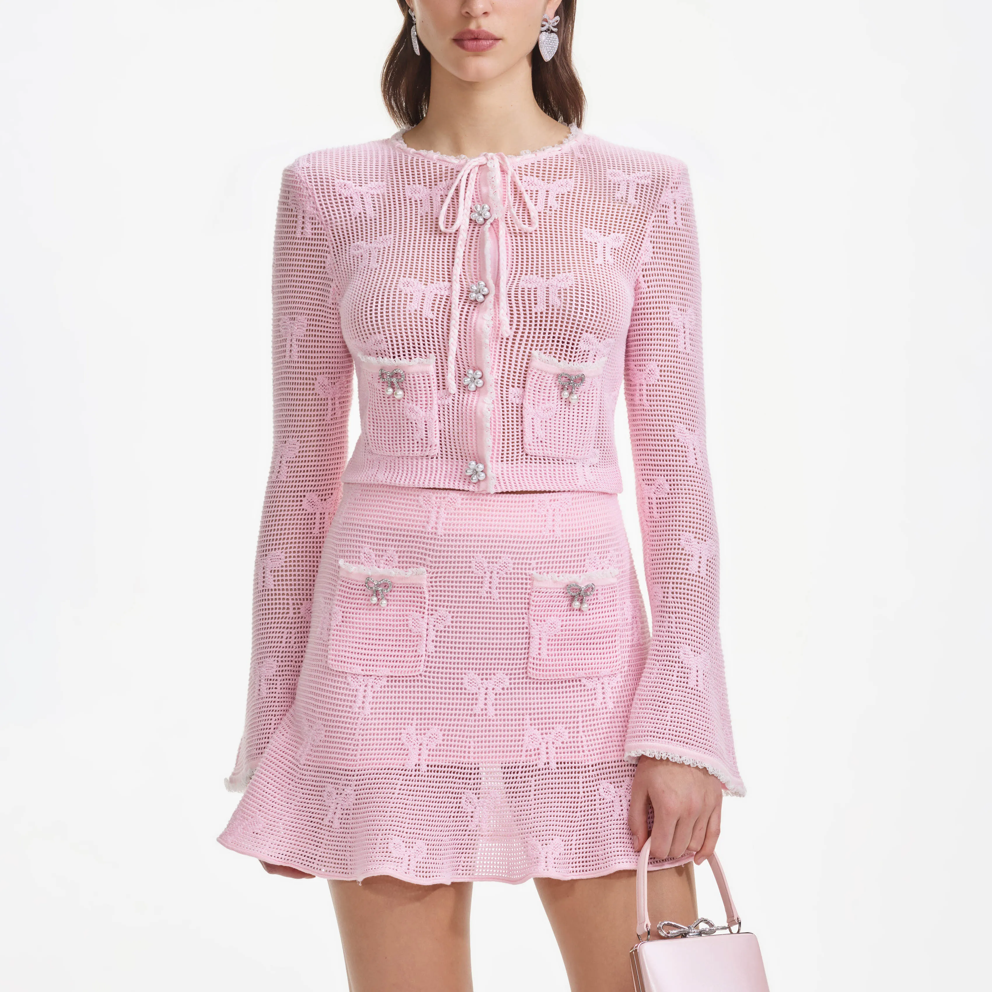 Pink Bow Crochet Cardigan Self Portrait