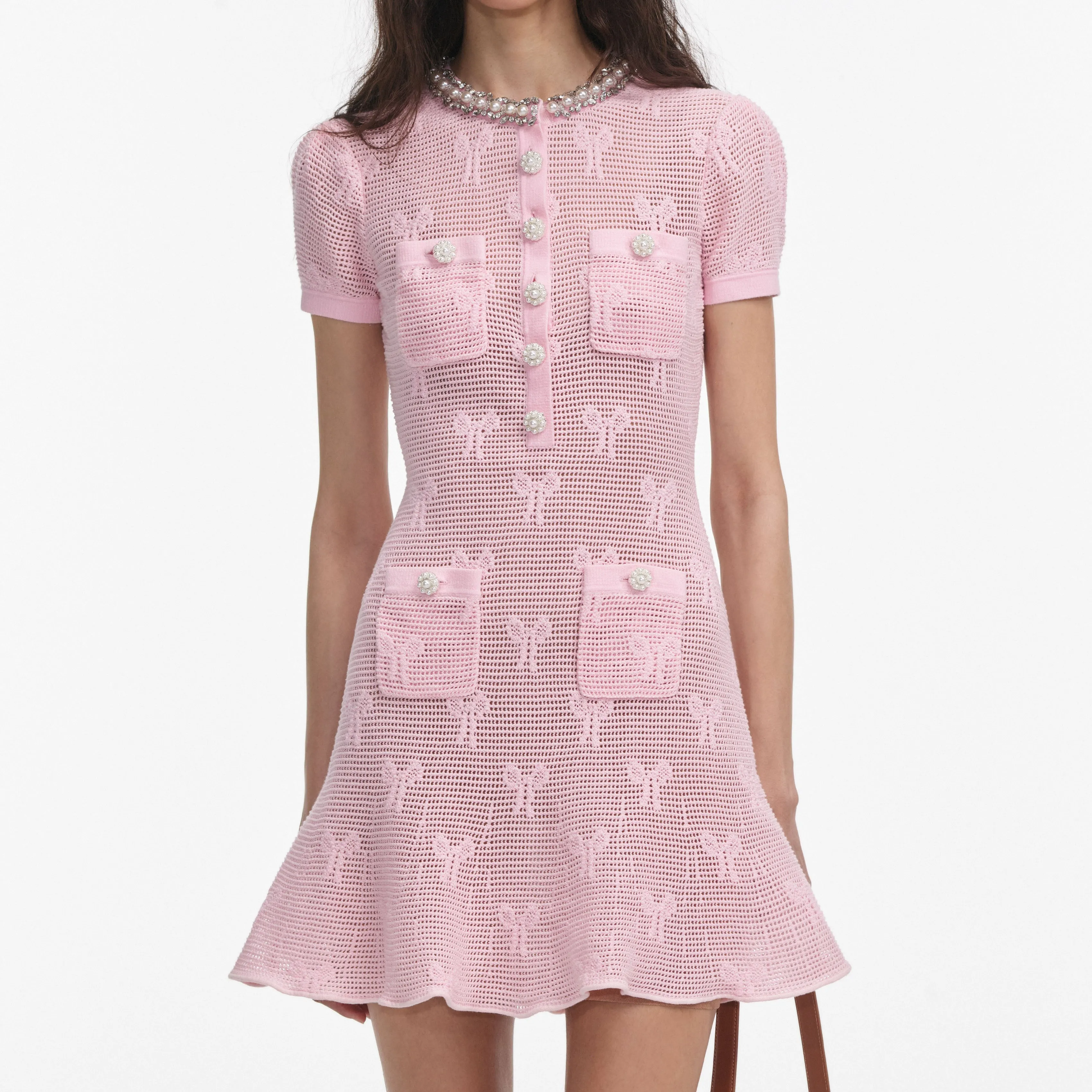 Pink Bow Crochet Crystal Trim Mini Dress Self Portrait