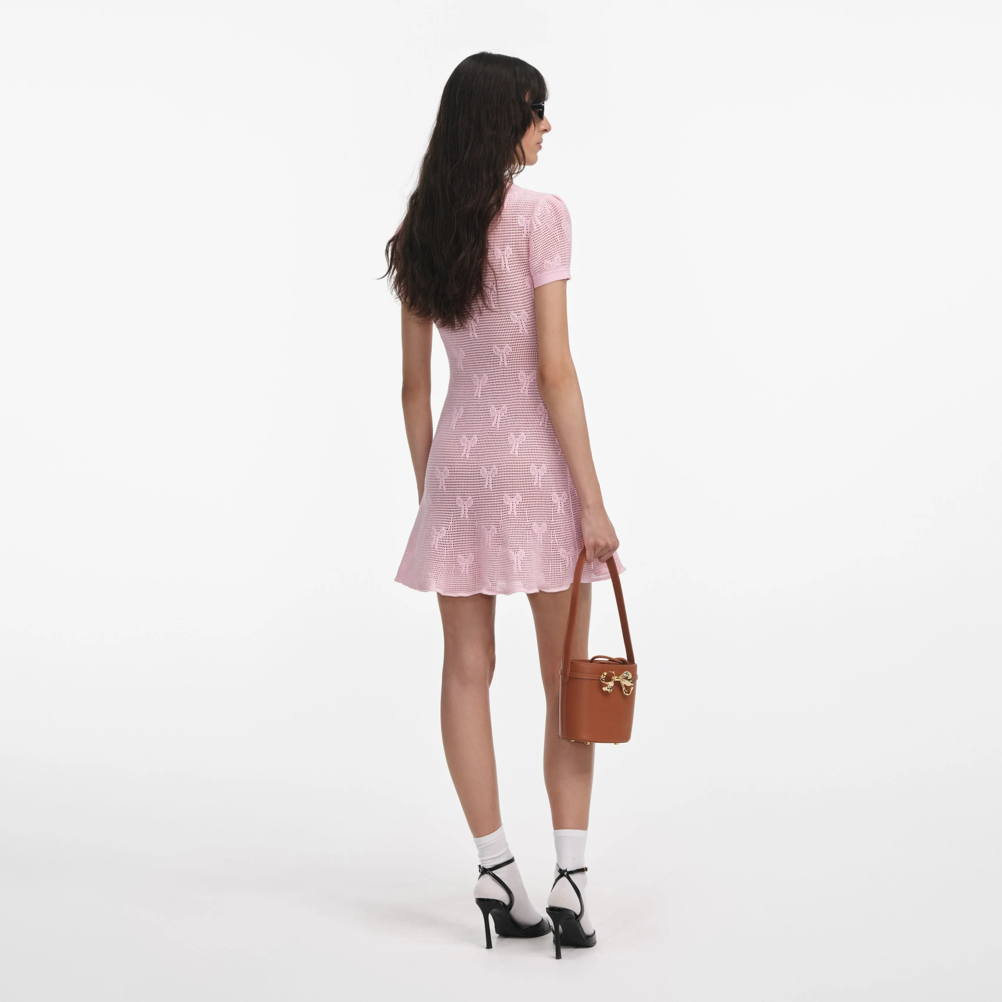 Pink Bow Crochet Crystal Trim Mini Dress Self Portrait