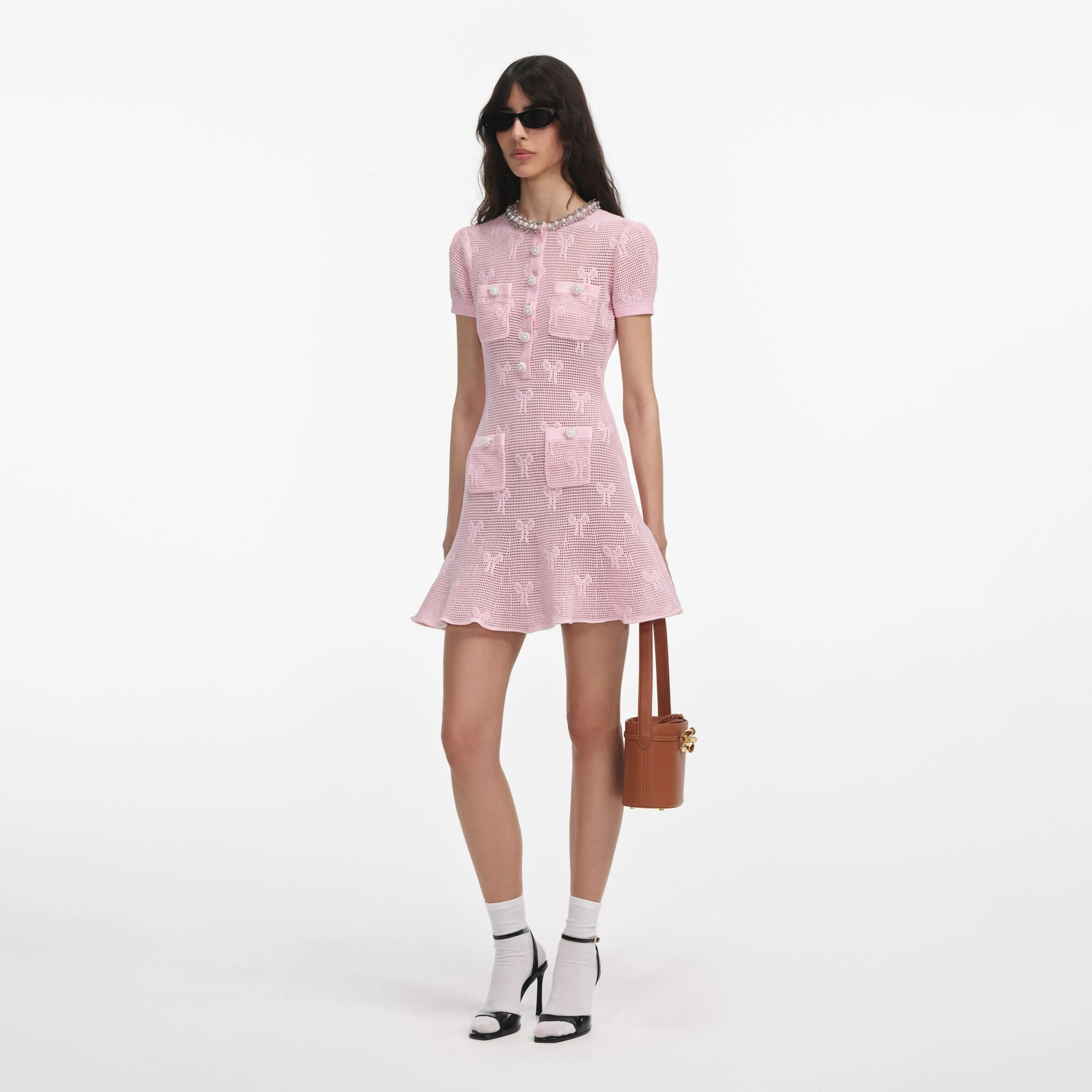 Pink Bow Crochet Crystal Trim Mini Dress Self Portrait