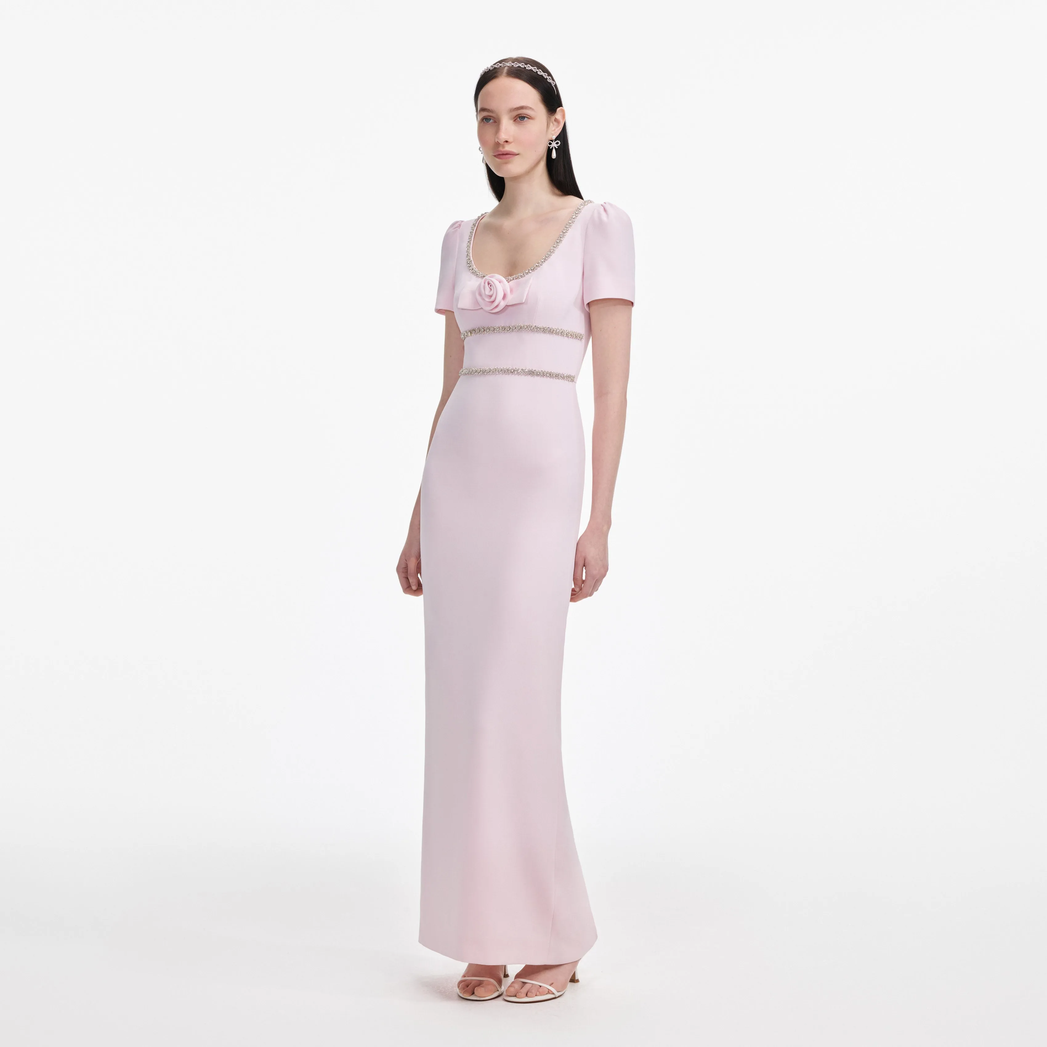 Pink Crepe Crystal Trim Maxi Dress Self Portrait