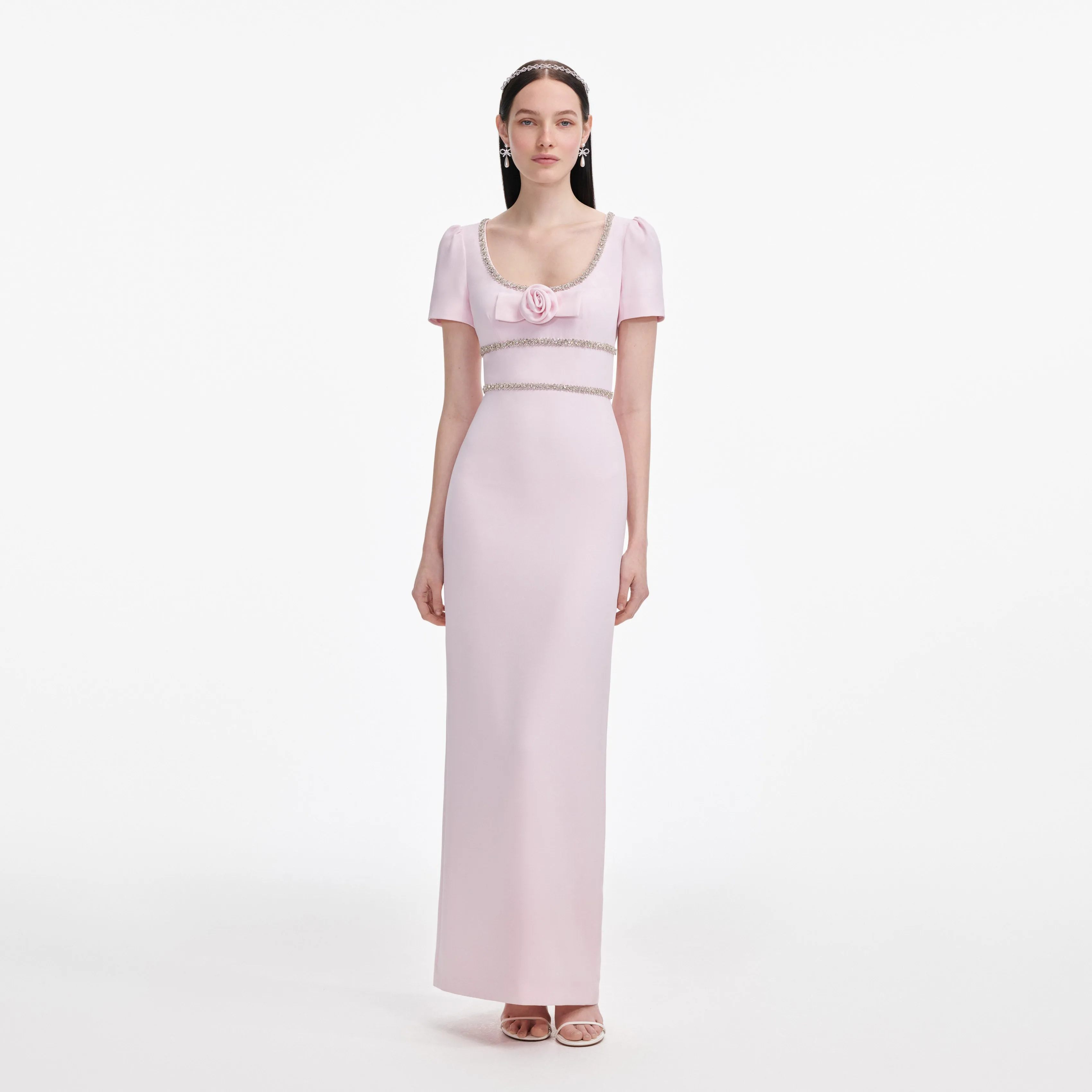 Pink Crepe Crystal Trim Maxi Dress Self Portrait
