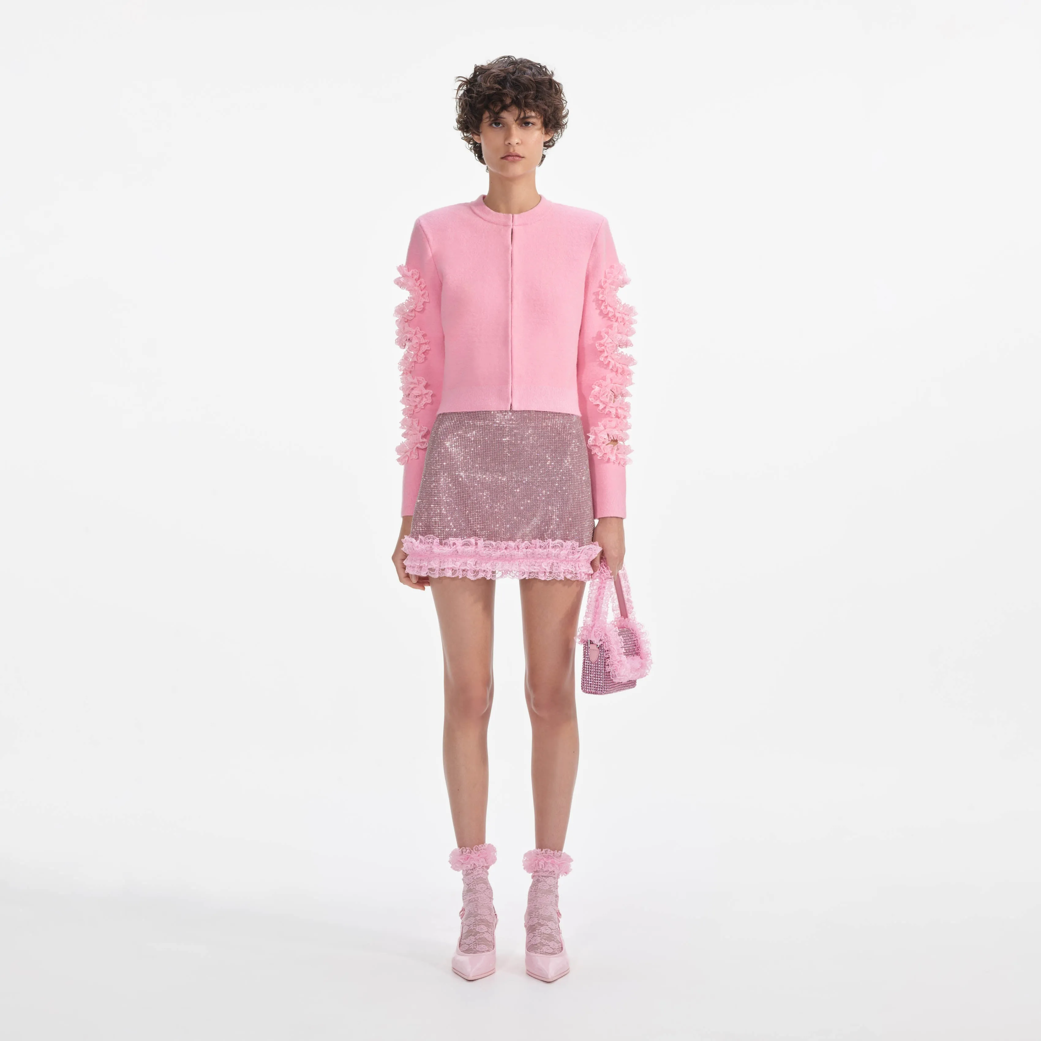 Pink Cut Out Lace Detail Cardigan Self Portrait