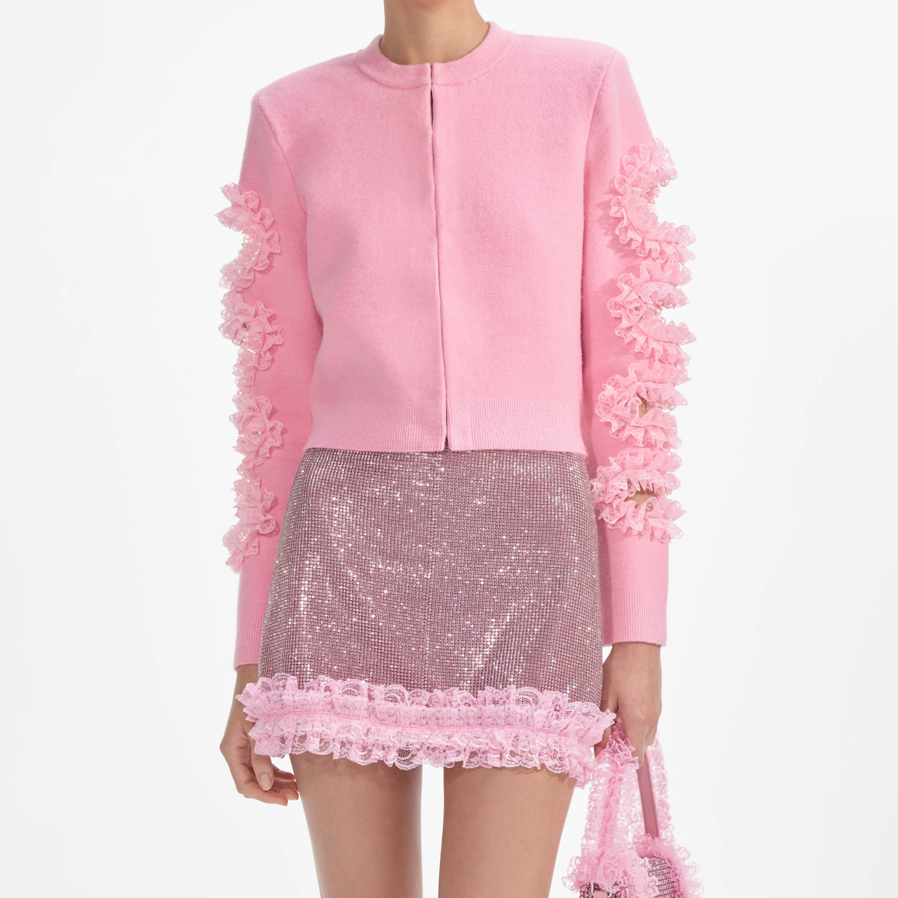 Pink Cut Out Lace Detail Cardigan Self Portrait