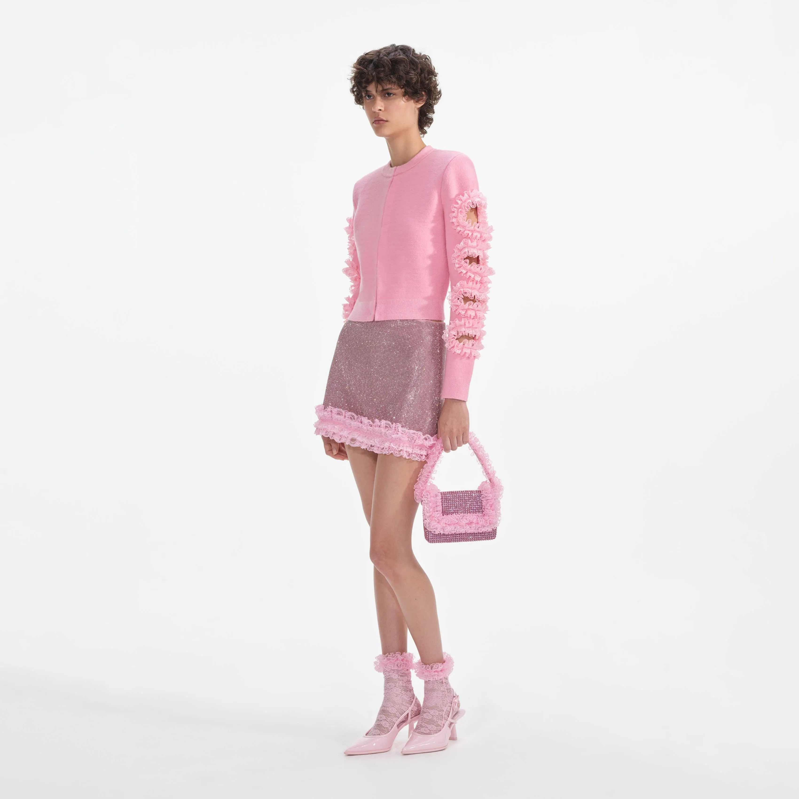 Pink Cut Out Lace Detail Cardigan Self Portrait