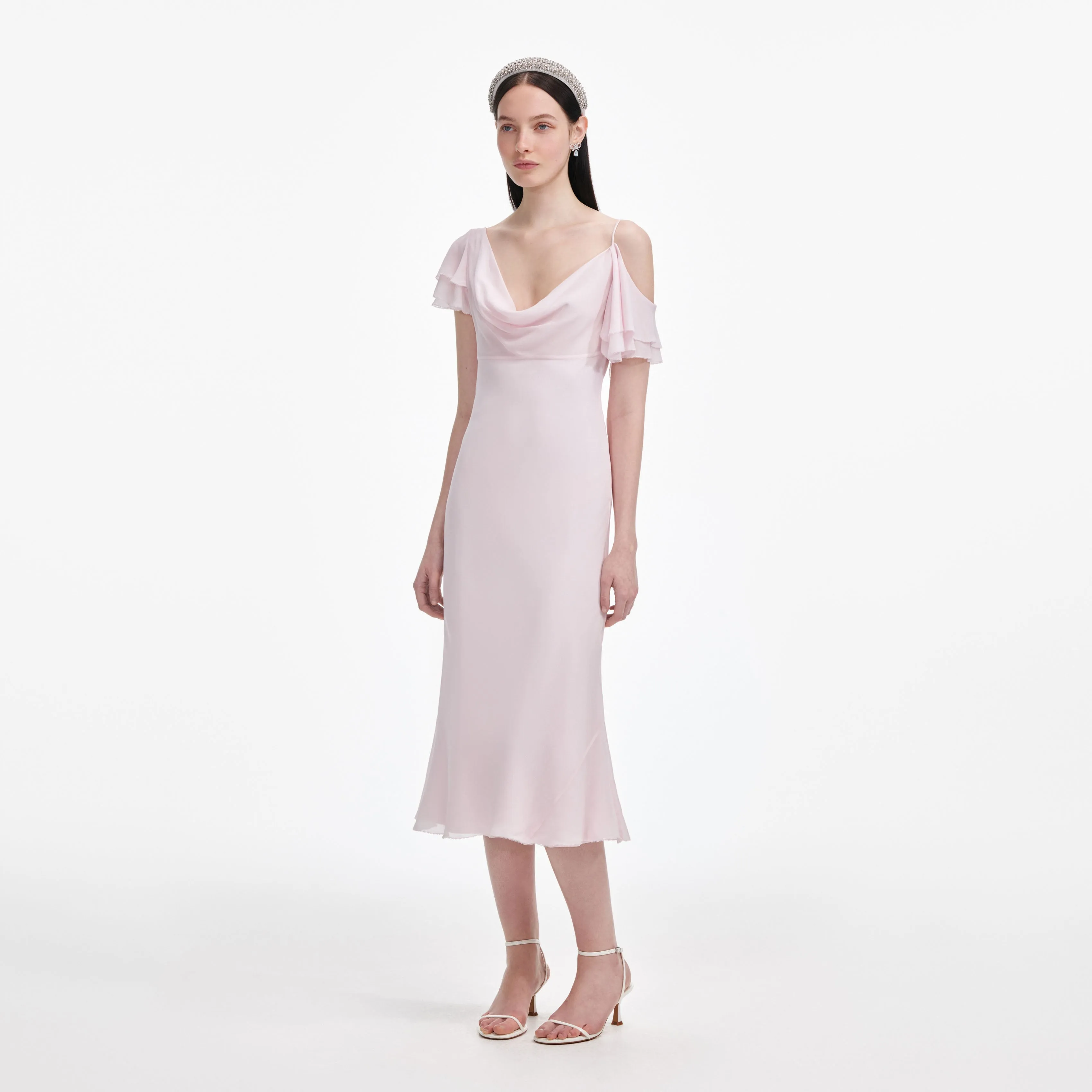 Pink Georgette Frill Midi Dress Self Portrait