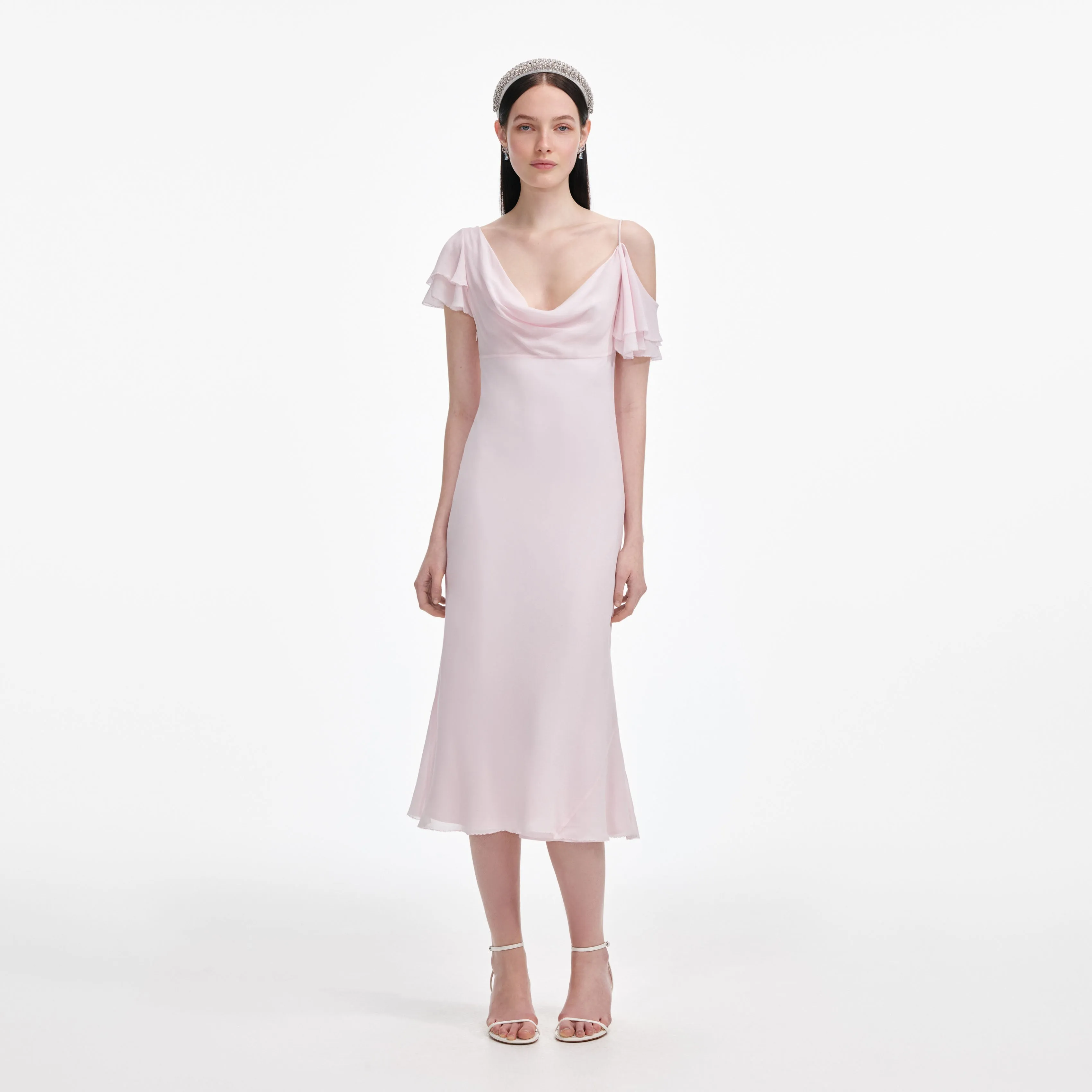 Pink Georgette Frill Midi Dress Self Portrait