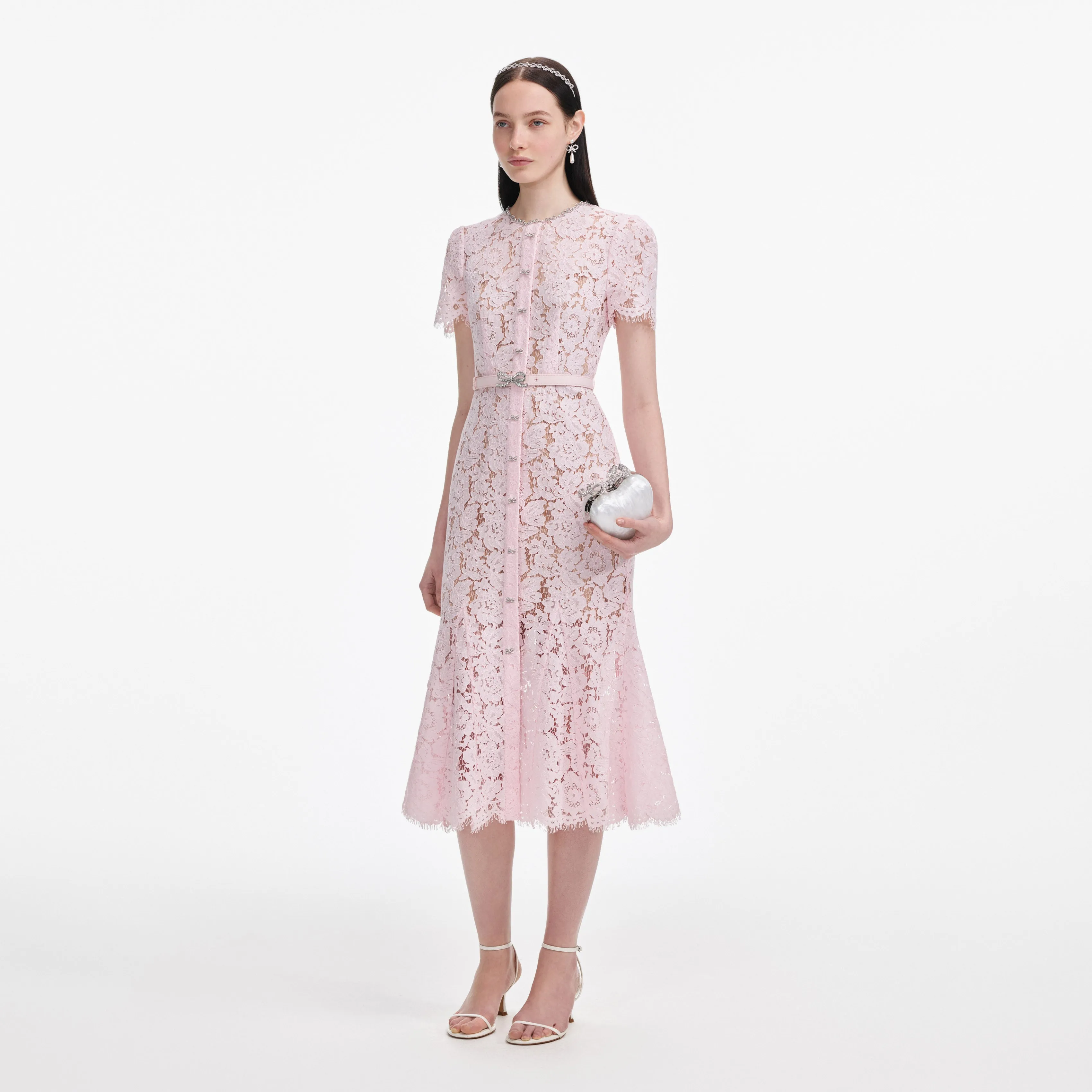 Pink Lace Bow Trim Midi Dress Self Portrait