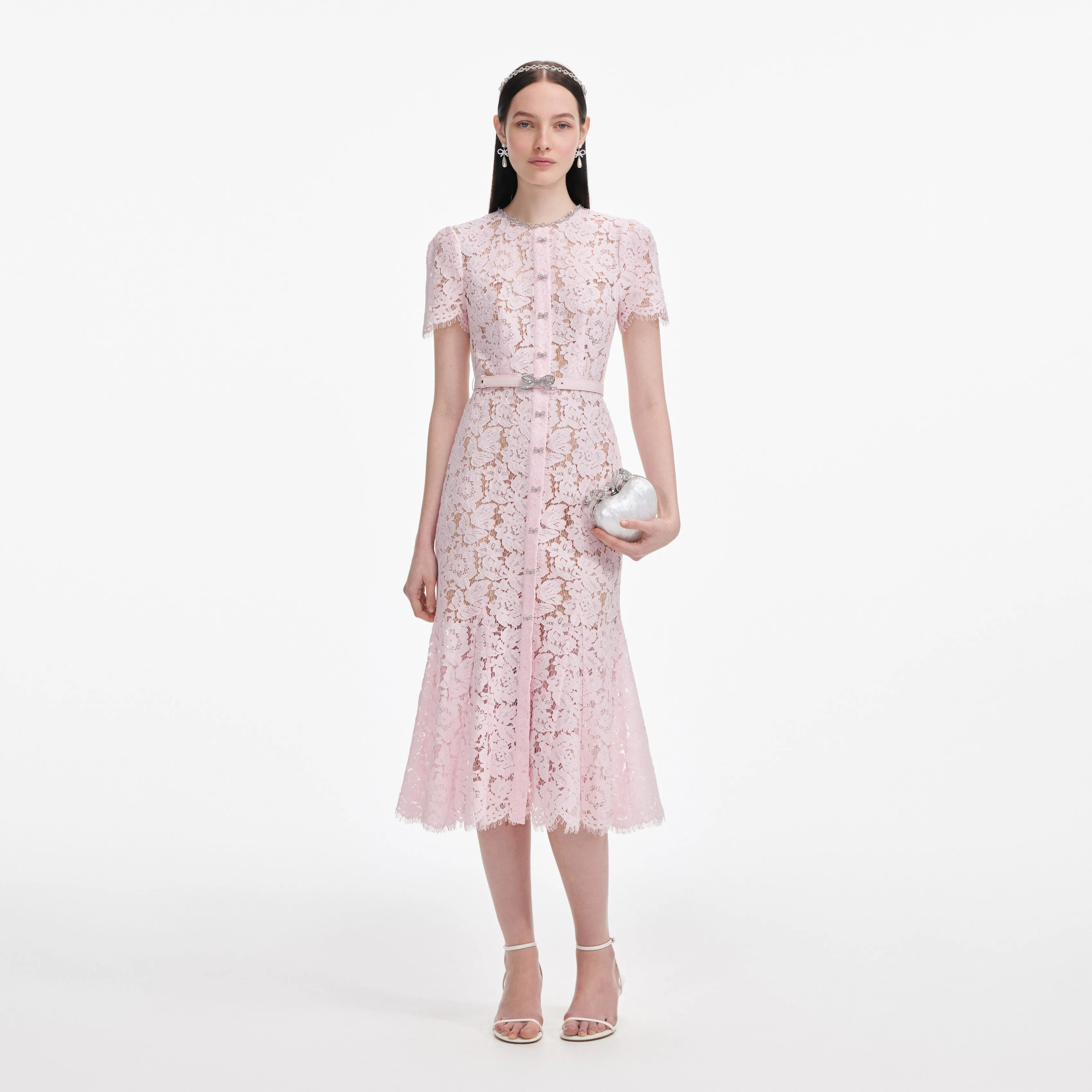Pink Lace Bow Trim Midi Dress Self Portrait