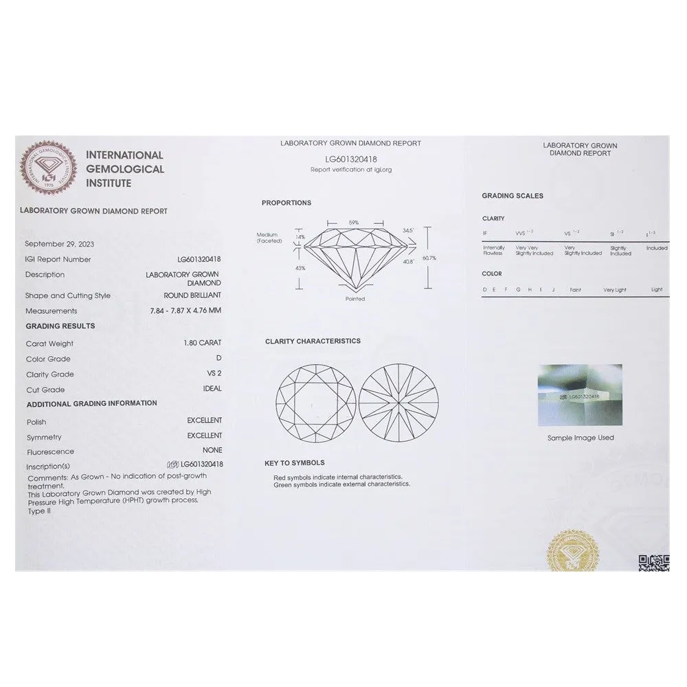 Platinum 1.80ct Brilliant Cut Lab Grown Diamond Solitaire Ring D VS2