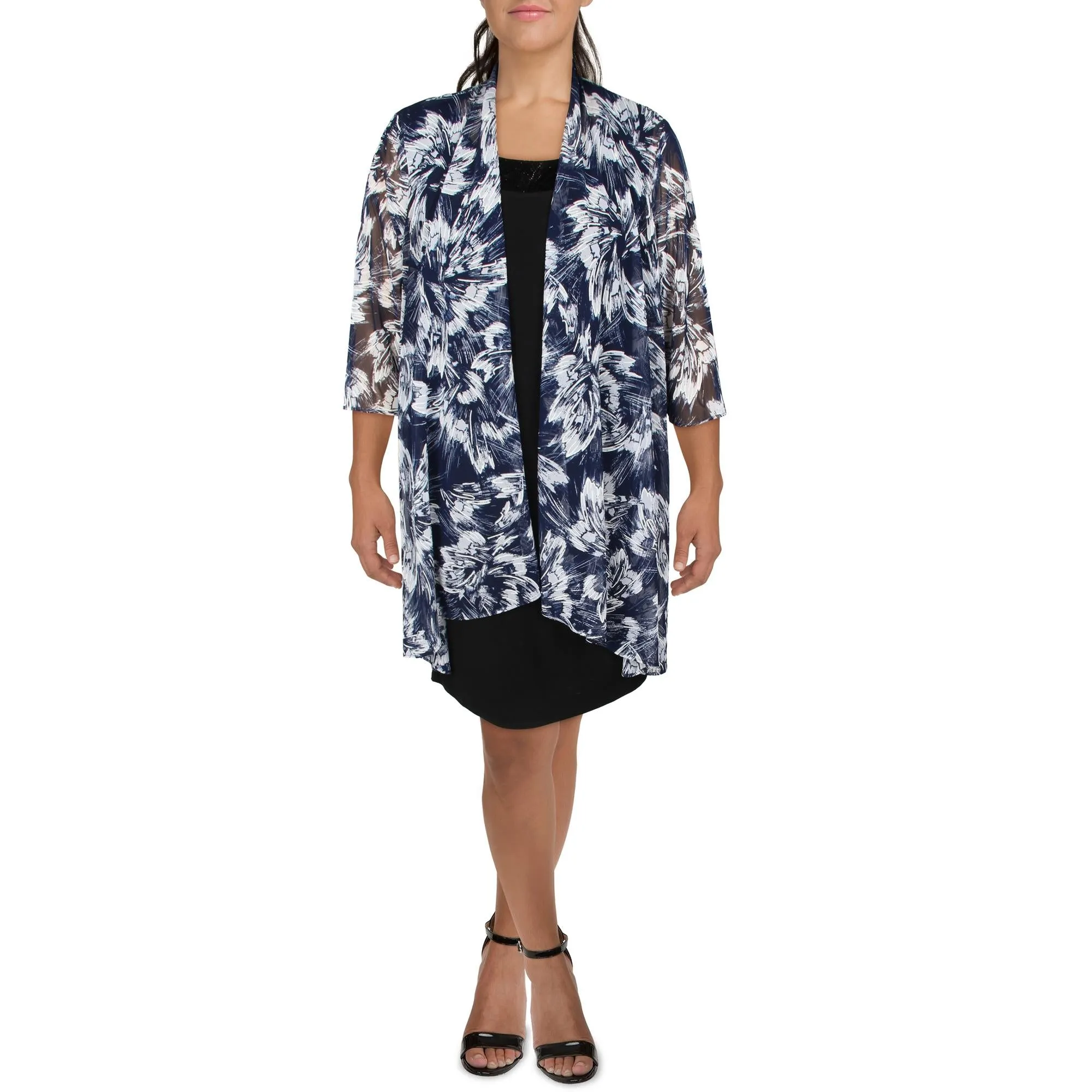 Plus Womens Mesh Printed Duster Blazer