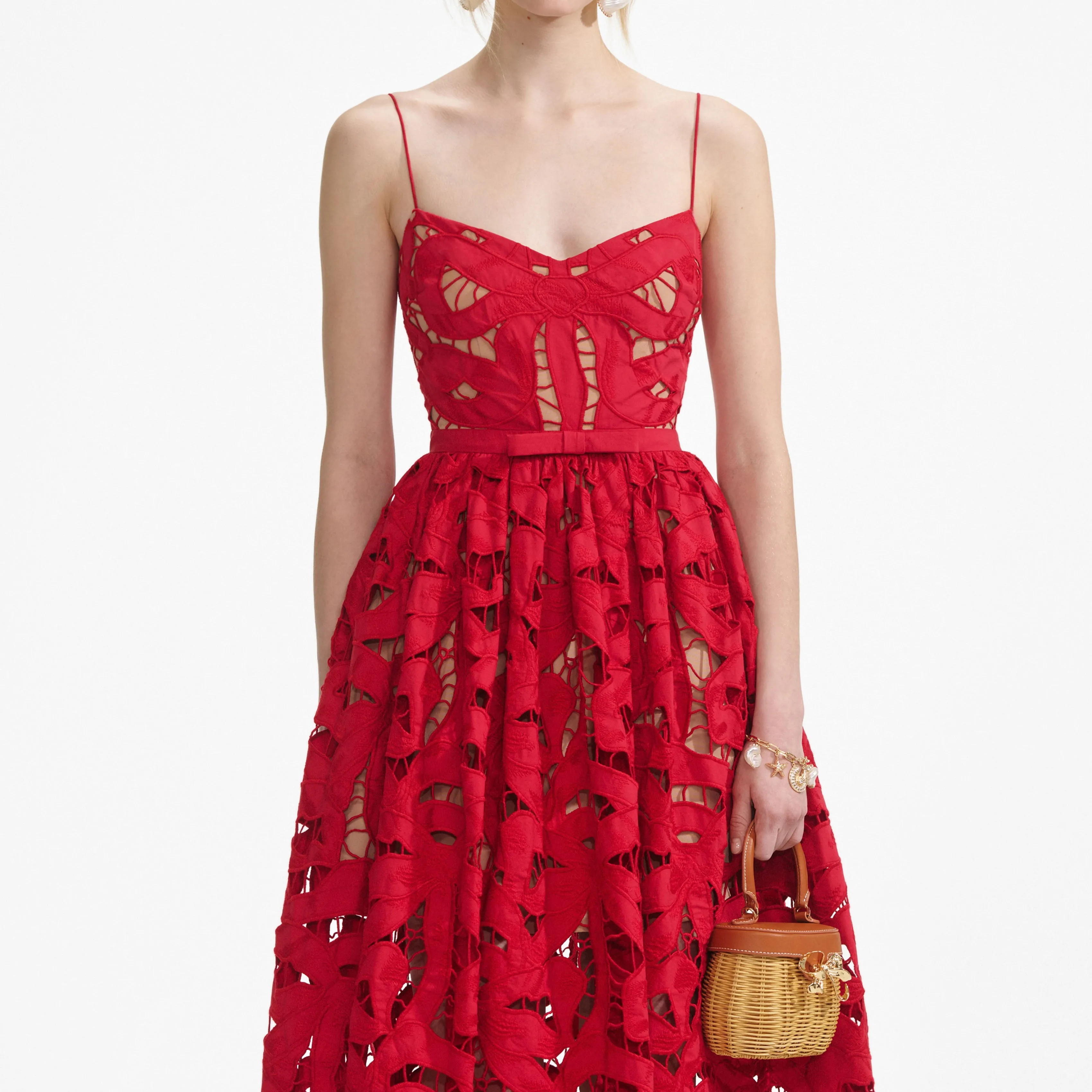 Red Bow Embroidered Midi Dress Self Portrait