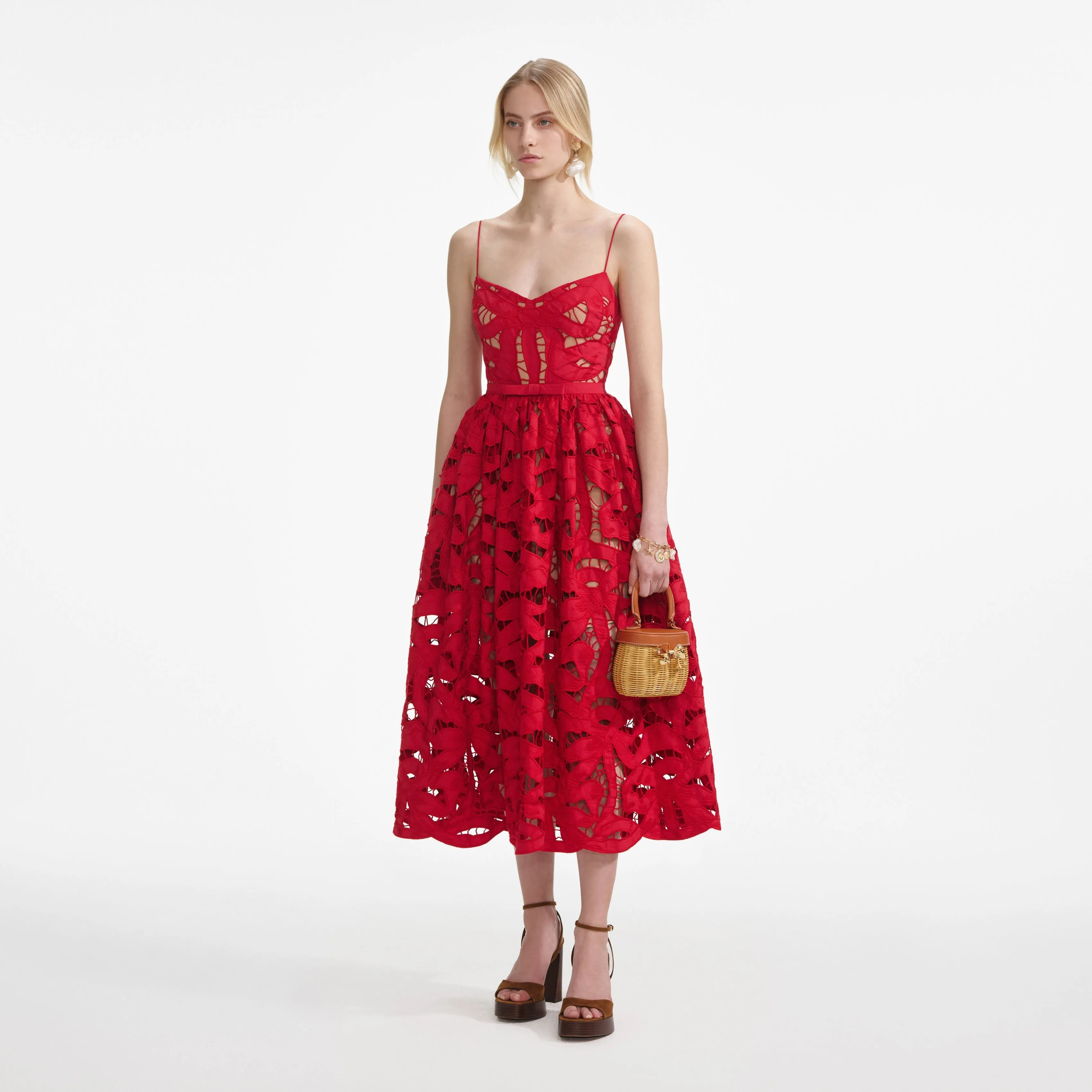 Red Bow Embroidered Midi Dress Self Portrait