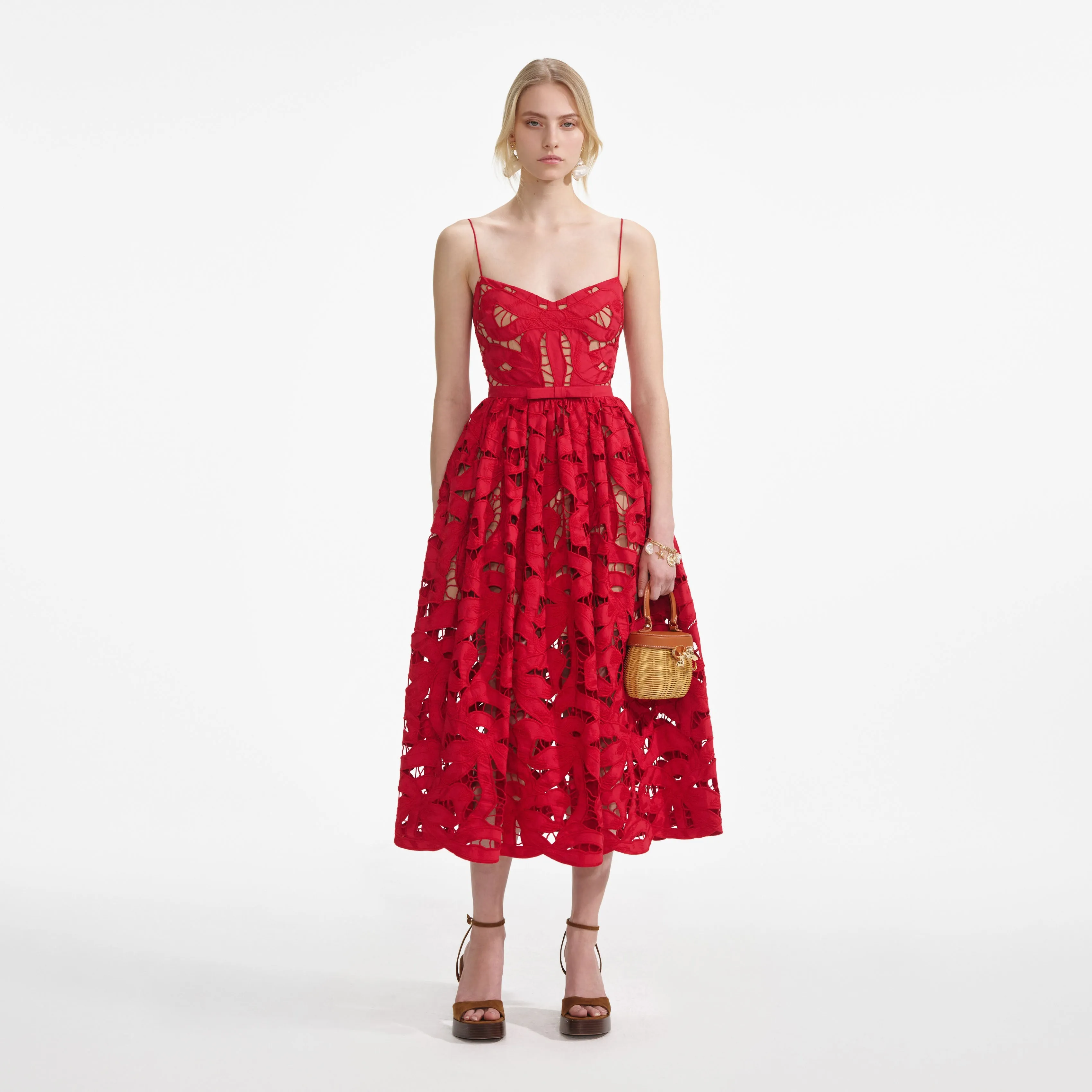 Red Bow Embroidered Midi Dress Self Portrait
