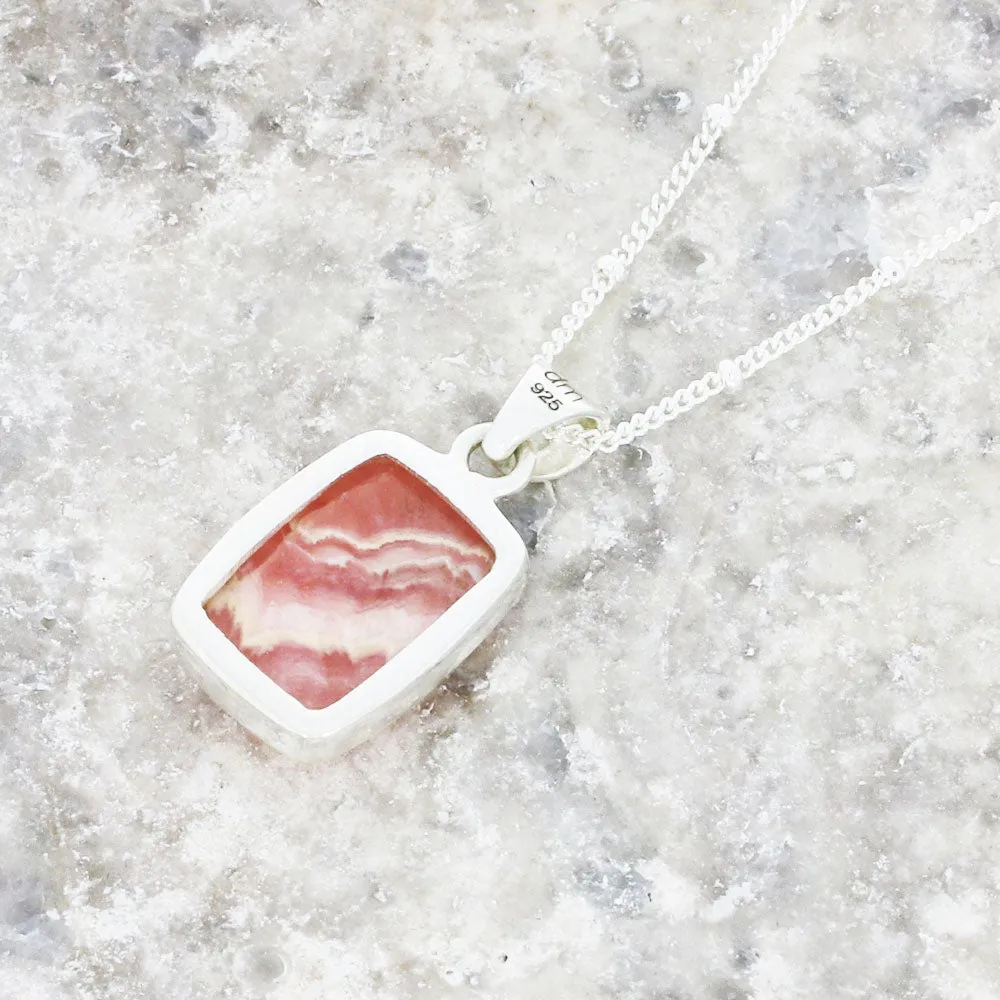 Rhodochrosite Sterling Silver Small Rectangular Pendant and Chain