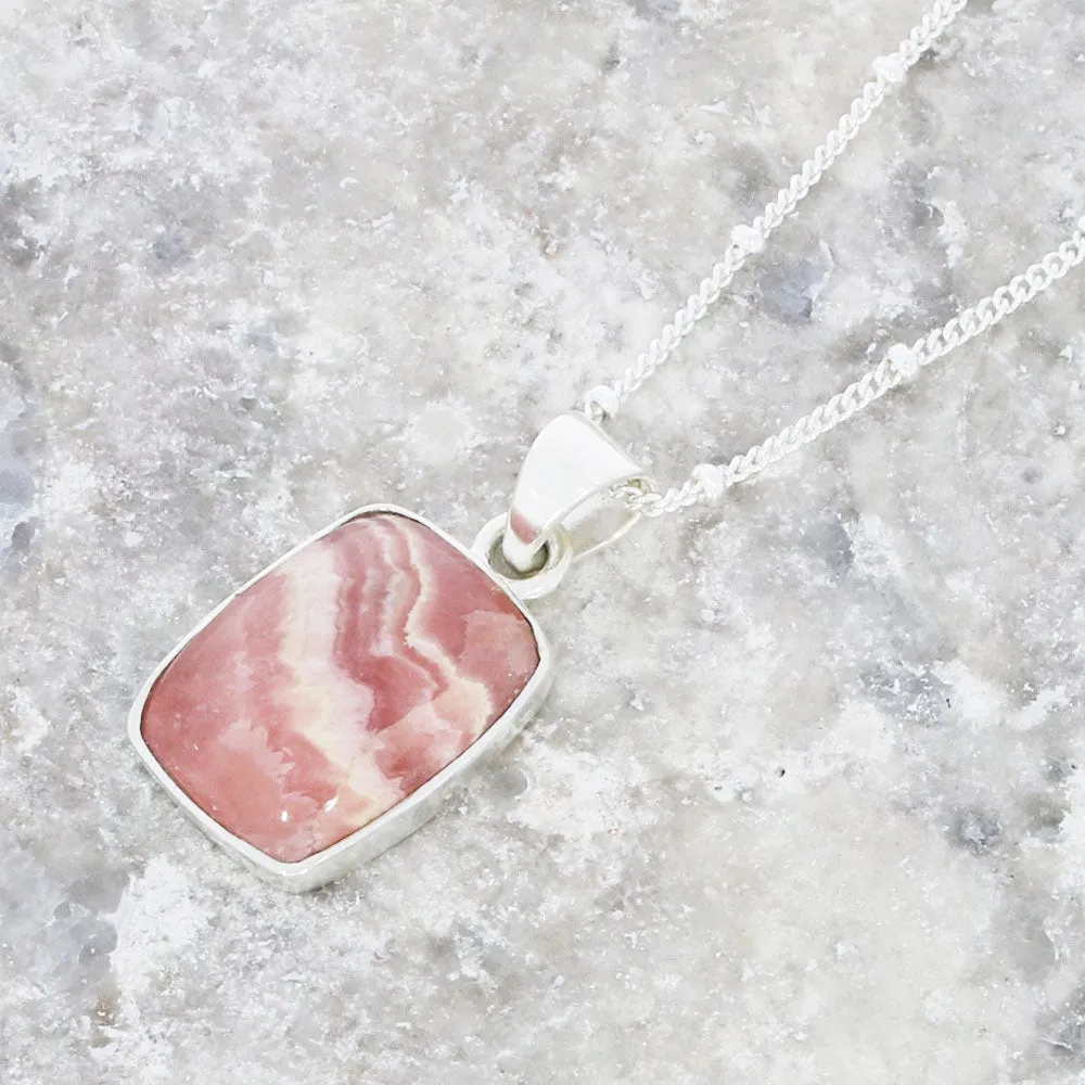 Rhodochrosite Sterling Silver Small Rectangular Pendant and Chain