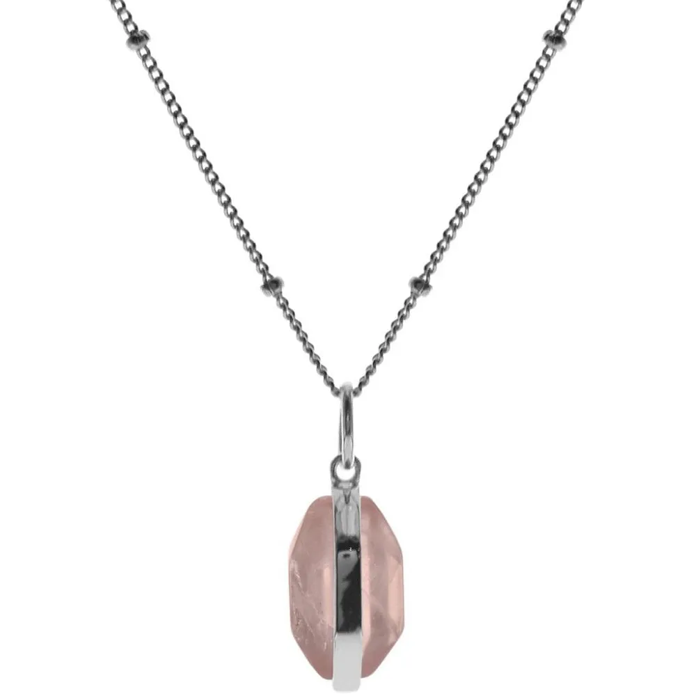 Rose Quartz Sterling Silver Hexagonal Pendant & Bead Chain