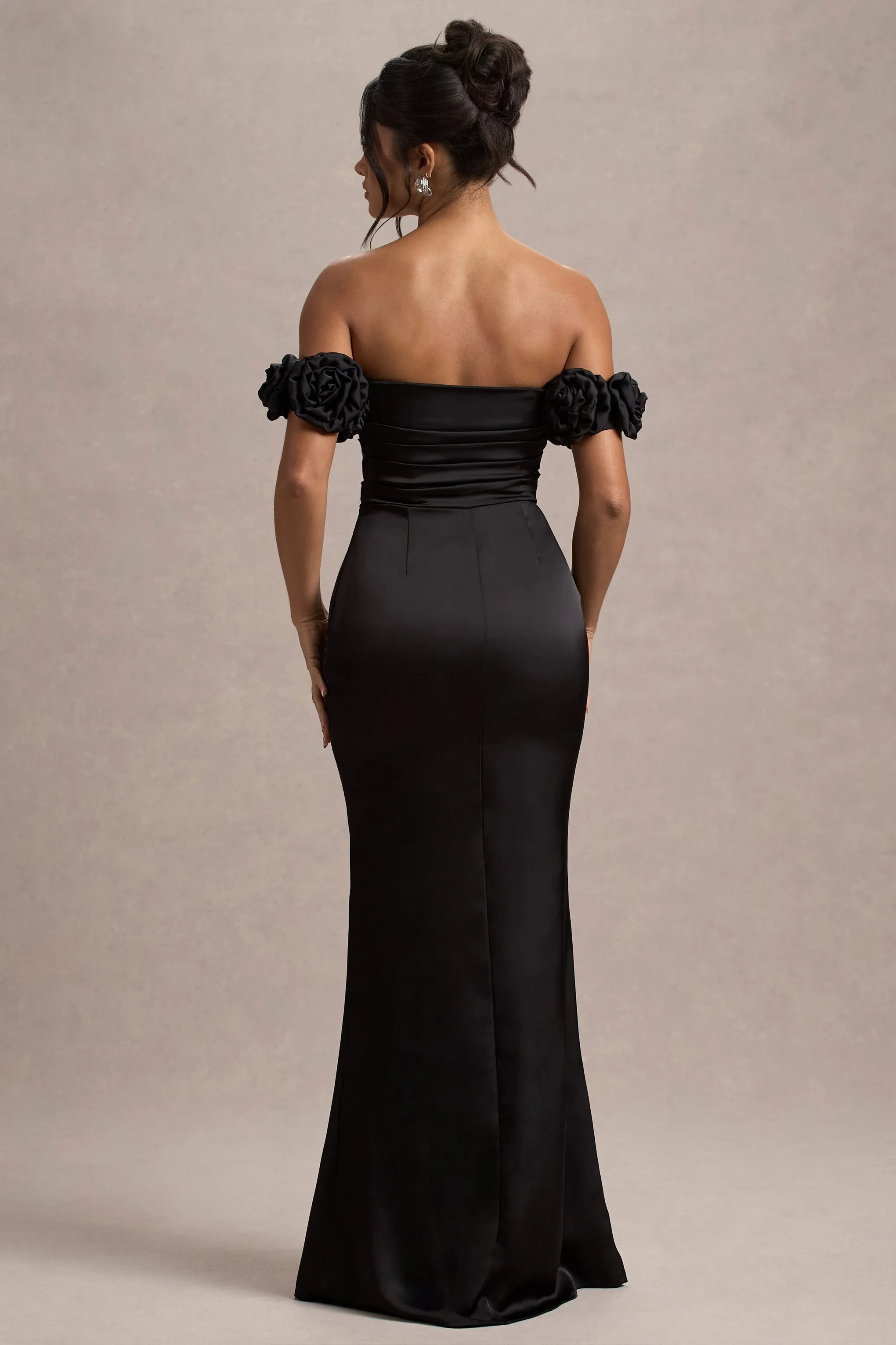 Senseless | Black Satin Floral Bardot Maxi Dress Club L London