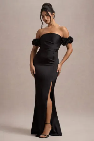 Senseless | Black Satin Floral Bardot Maxi Dress Club L London