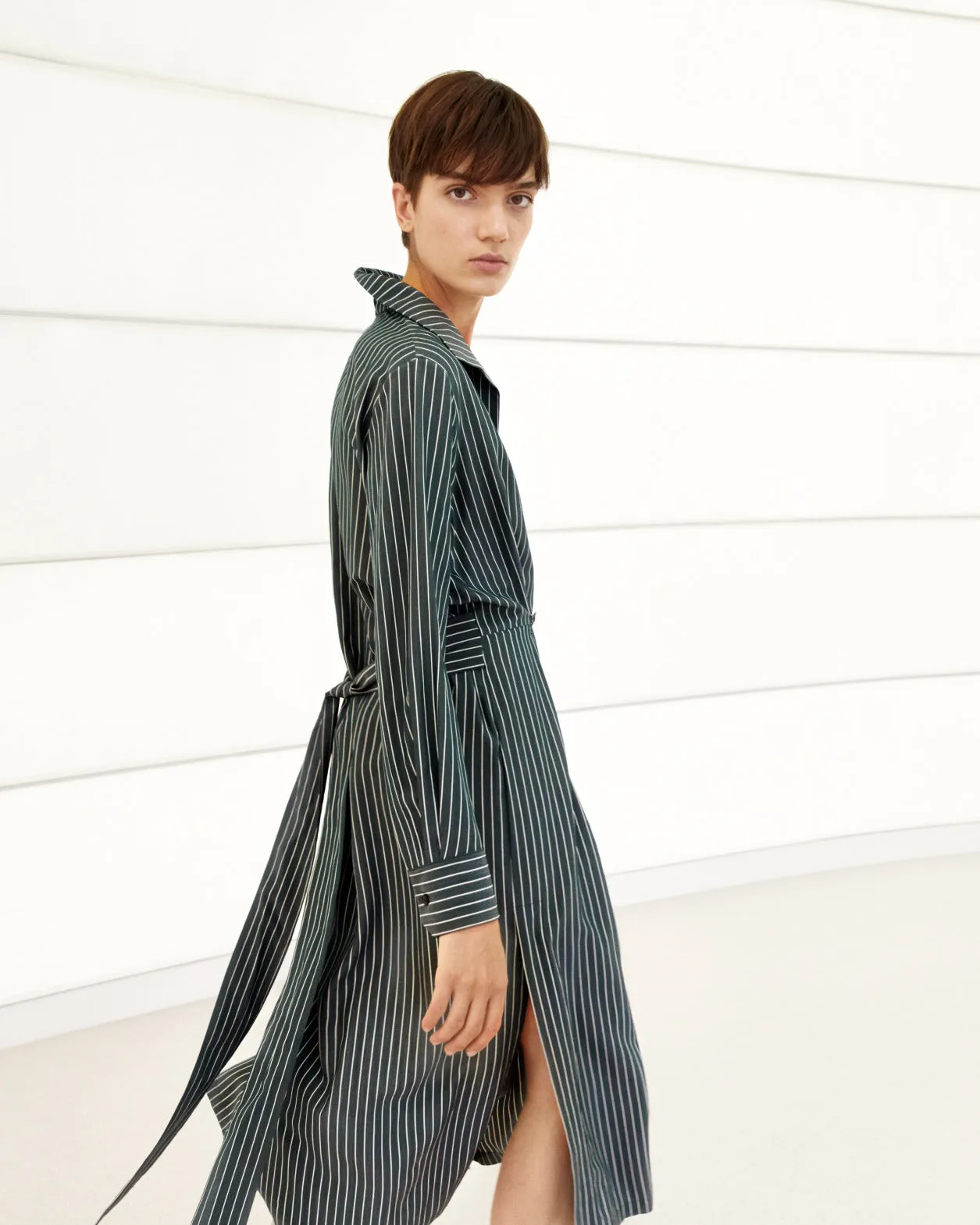 Silk Crepe Stripes Shirt Dress 