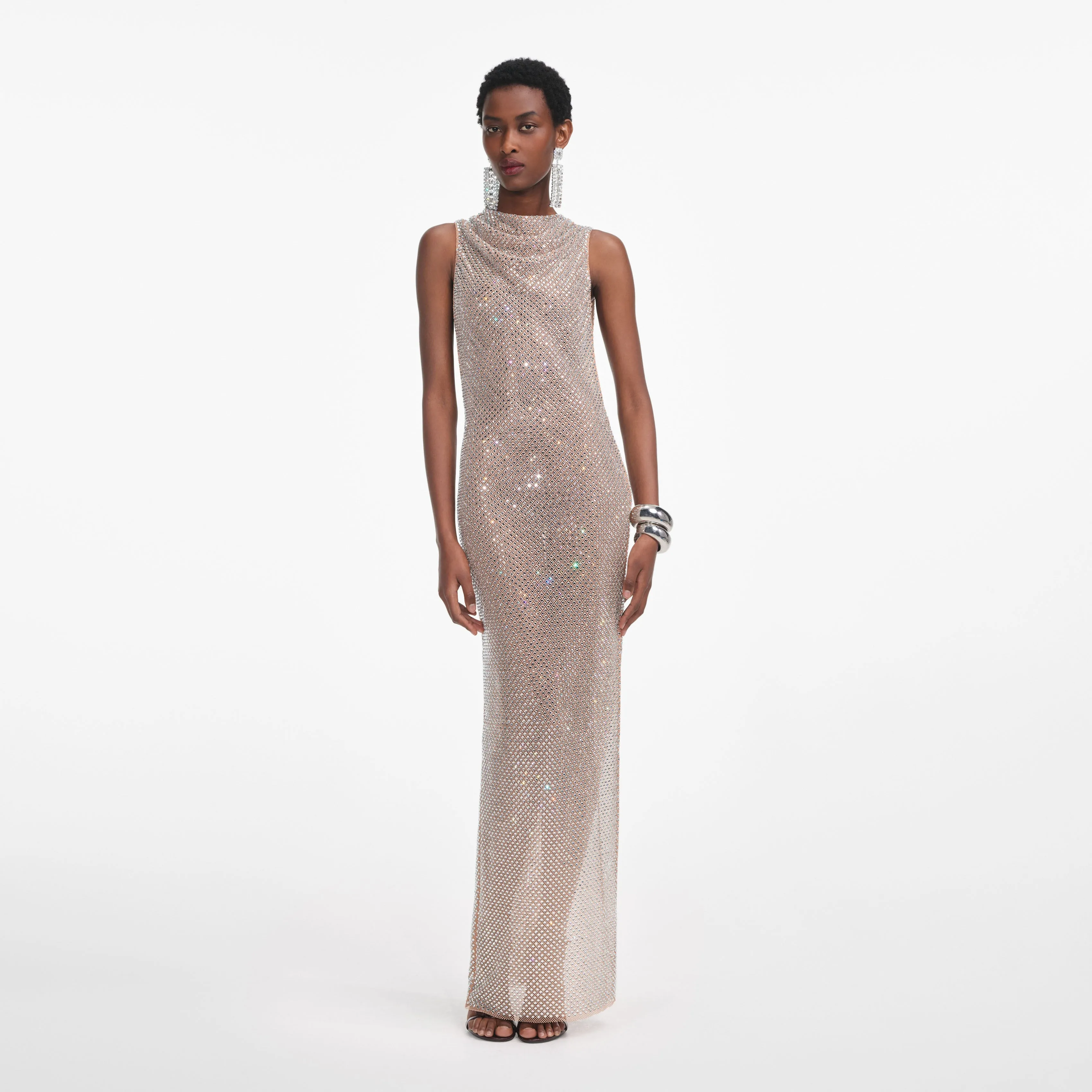Silver Rhinestone Drape Maxi Dress Self Portrait