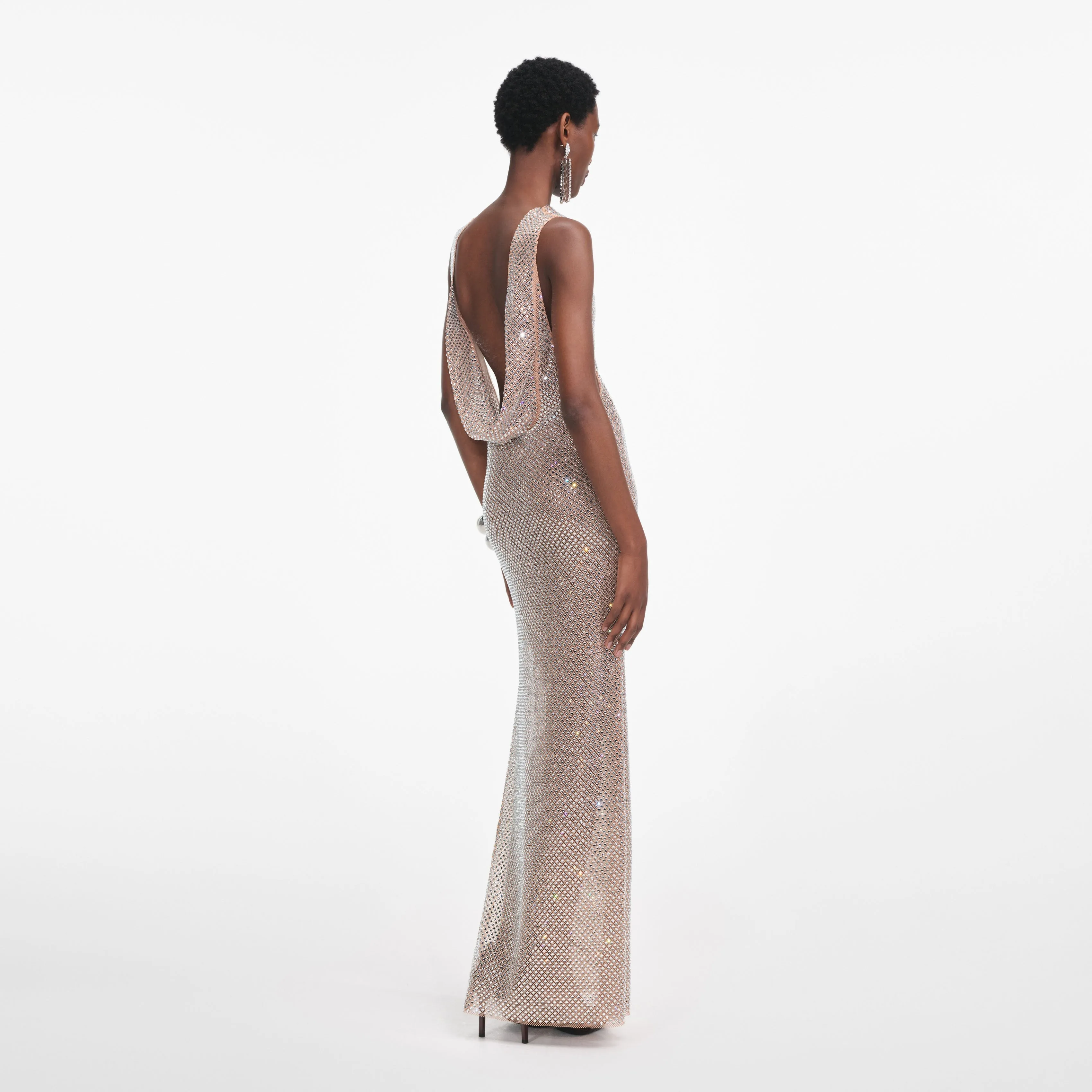 Silver Rhinestone Drape Maxi Dress Self Portrait