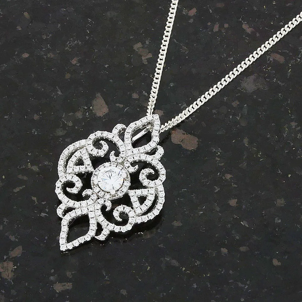 Sterling Silver Cubic Zirconia Filigree Pendant & Chain