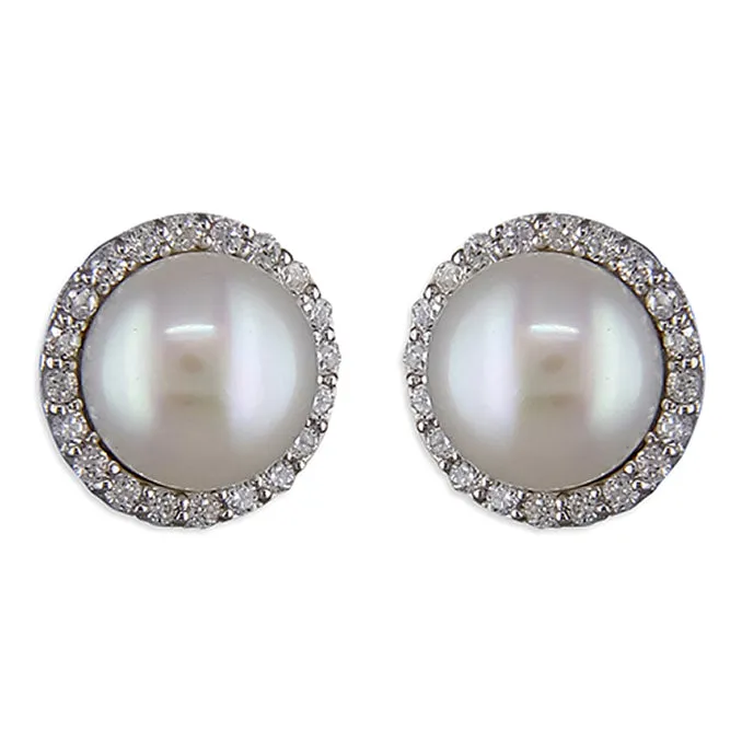 Sterling Silver Cubic Zirconia Halo Pearl Ladies Stud Earrings