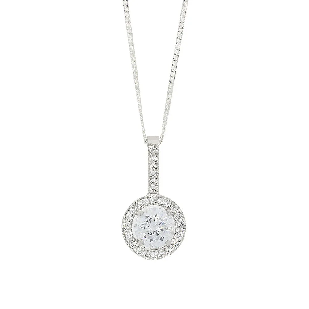 Sterling Silver Cubic Zirconia Halo Pendant & Chain