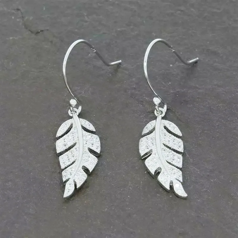 Sterling Silver Cubic Zirconia Leaf Ladies Drop Earrings