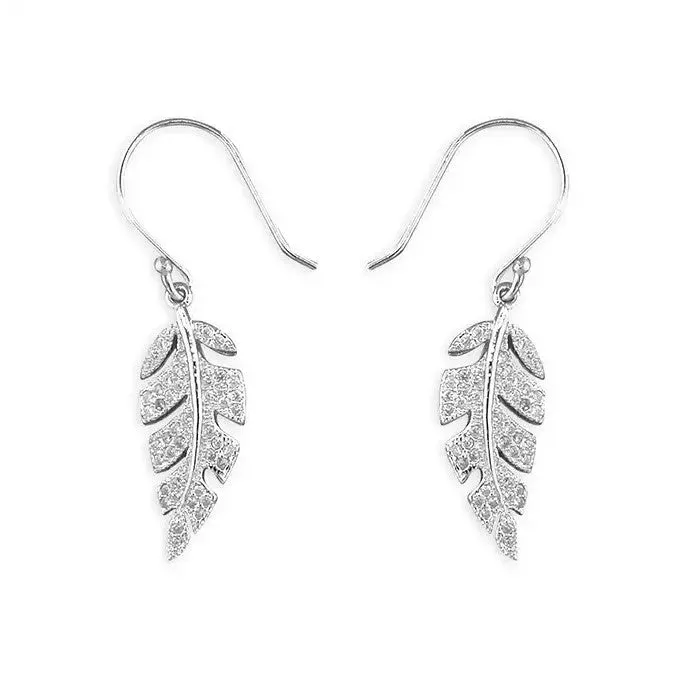 Sterling Silver Cubic Zirconia Leaf Ladies Drop Earrings