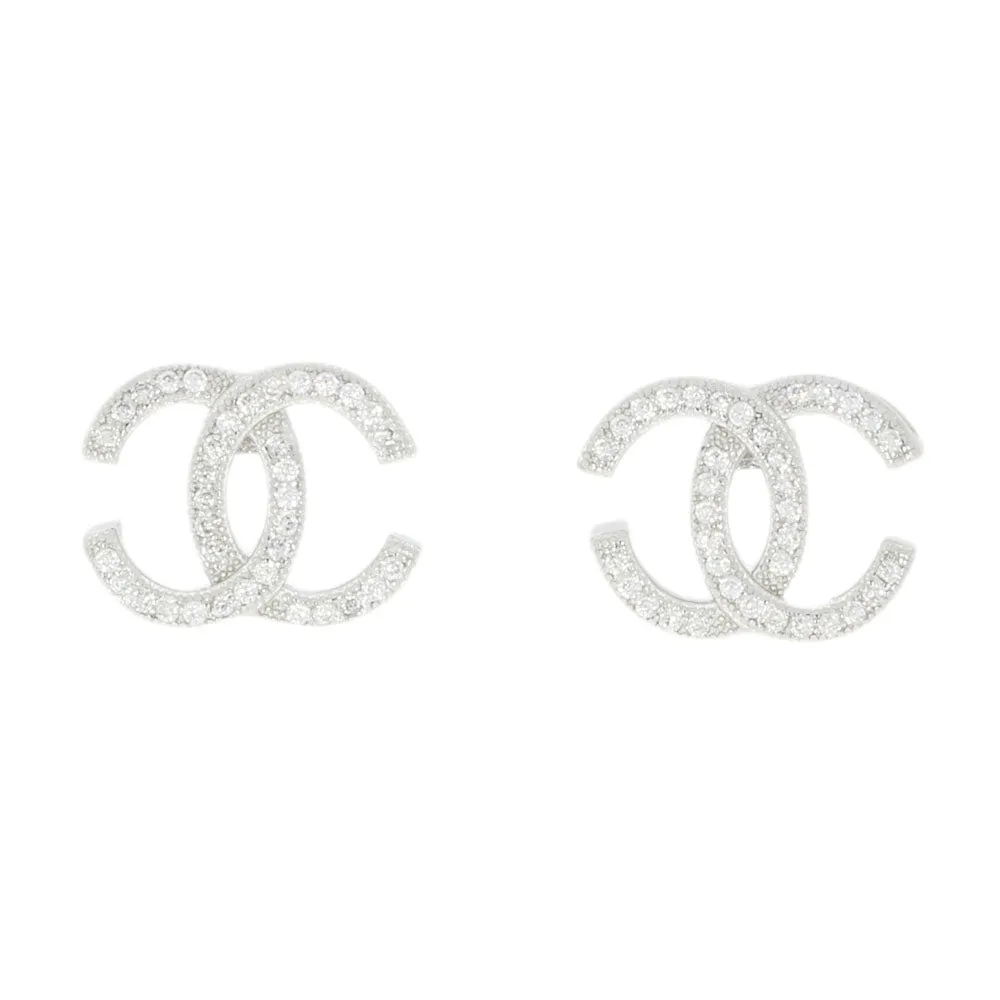 Sterling Silver Double C Cubic Zirconia Stud Earrings GVL048