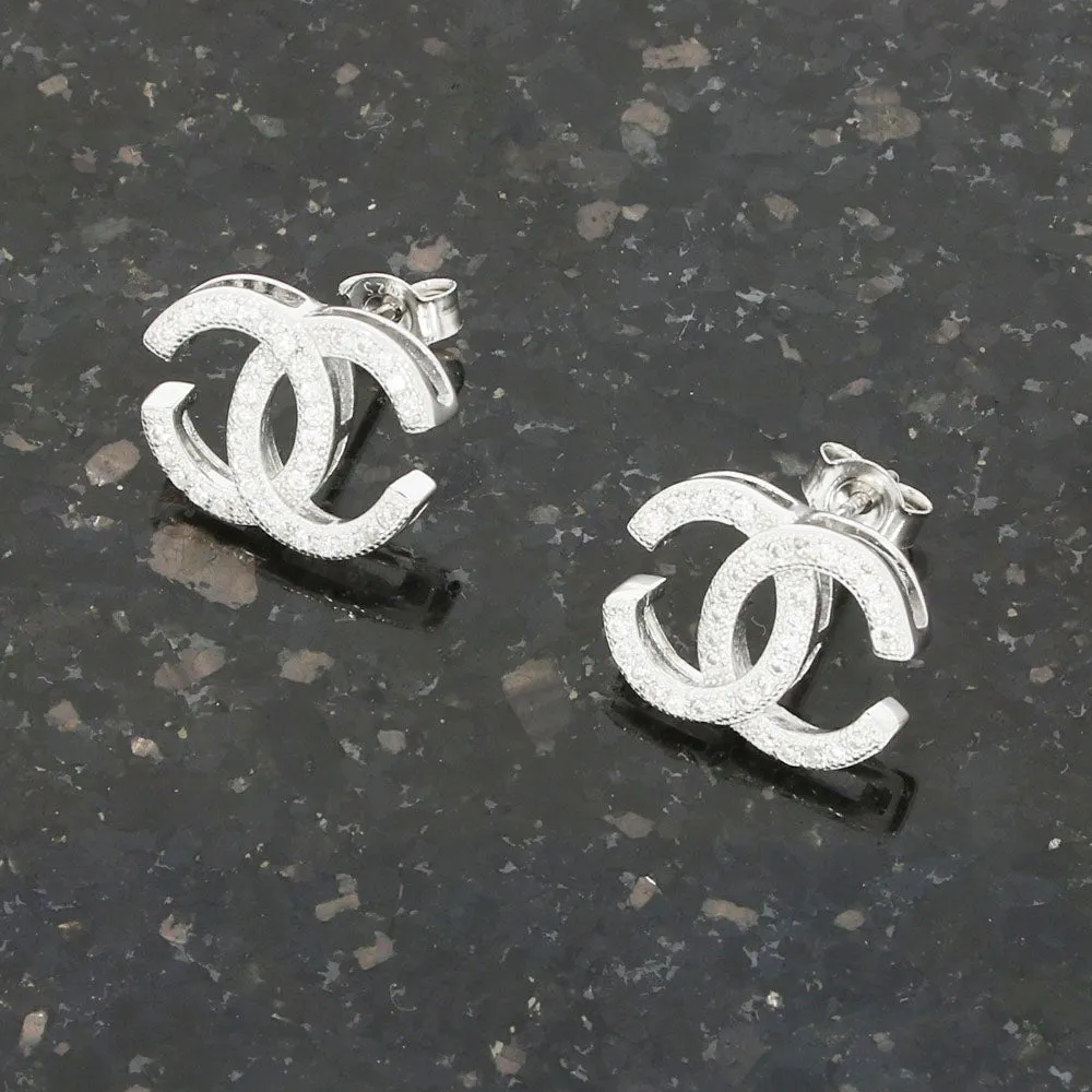 Sterling Silver Double C Cubic Zirconia Stud Earrings GVL048