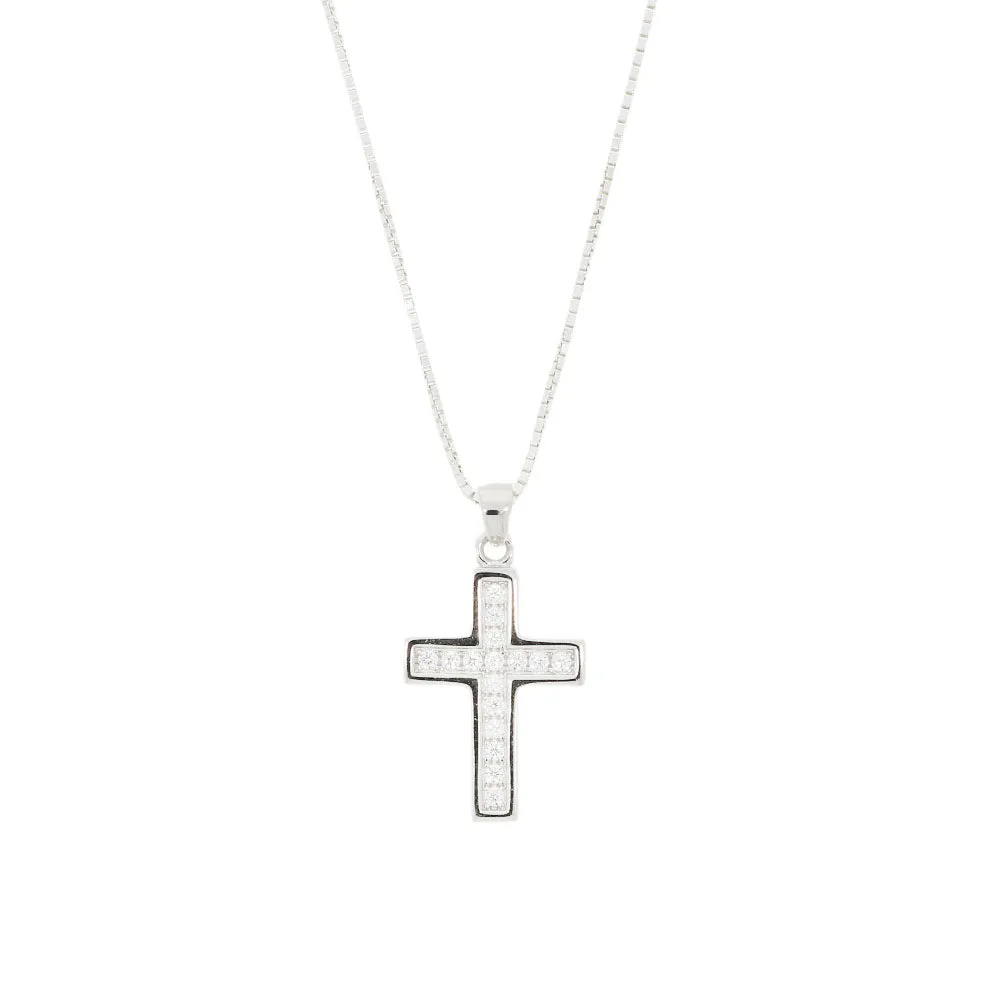 Sterling Silver Ladies CZ Cross Pendant & Chain