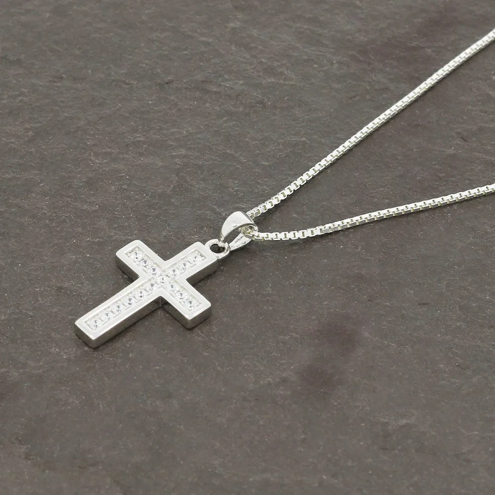 Sterling Silver Ladies CZ Cross Pendant & Chain