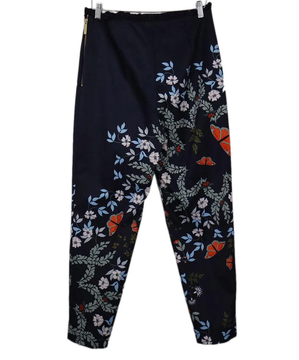 Ted Baker Navy Floral Print Ruffle Trim Pants sz 8