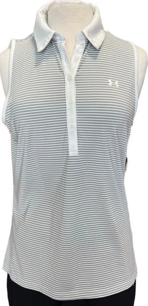 Under Armour White & Gray Striped Sleeveless Polo Size M
