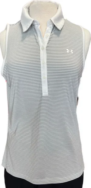 Under Armour White & Gray Striped Sleeveless Polo Size M