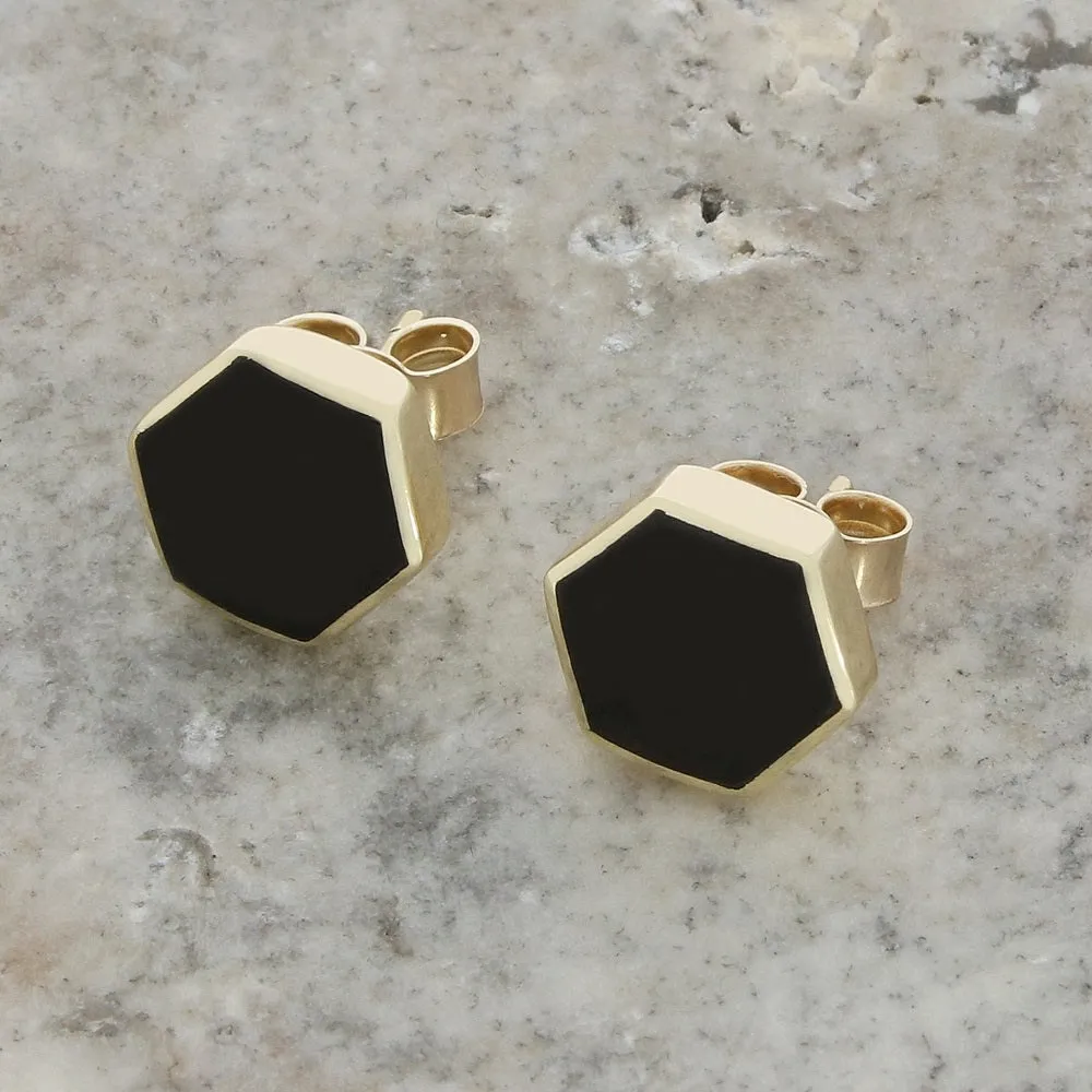 Whitby Jet 9ct Yellow Gold Hexagonal Stud Earrings