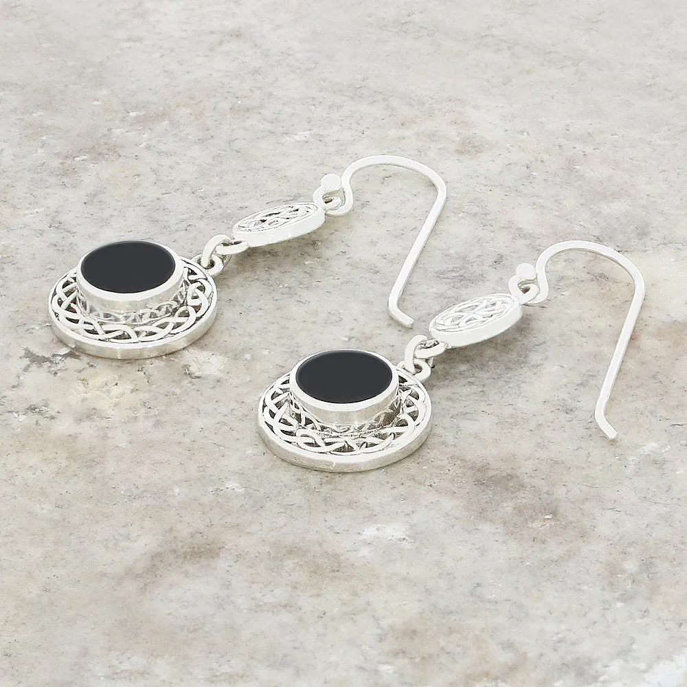 Whitby Jet Sterling Silver Round Celtic Drop Earrings