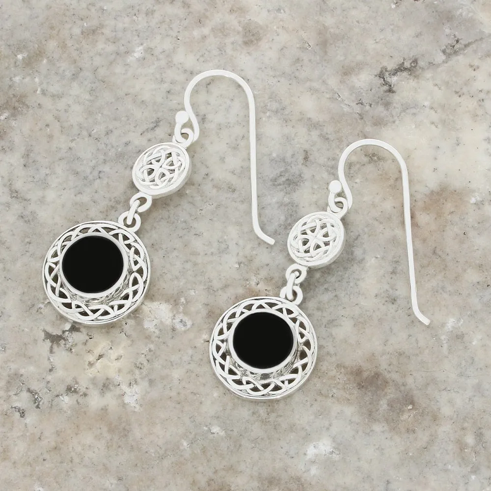 Whitby Jet Sterling Silver Round Celtic Drop Earrings