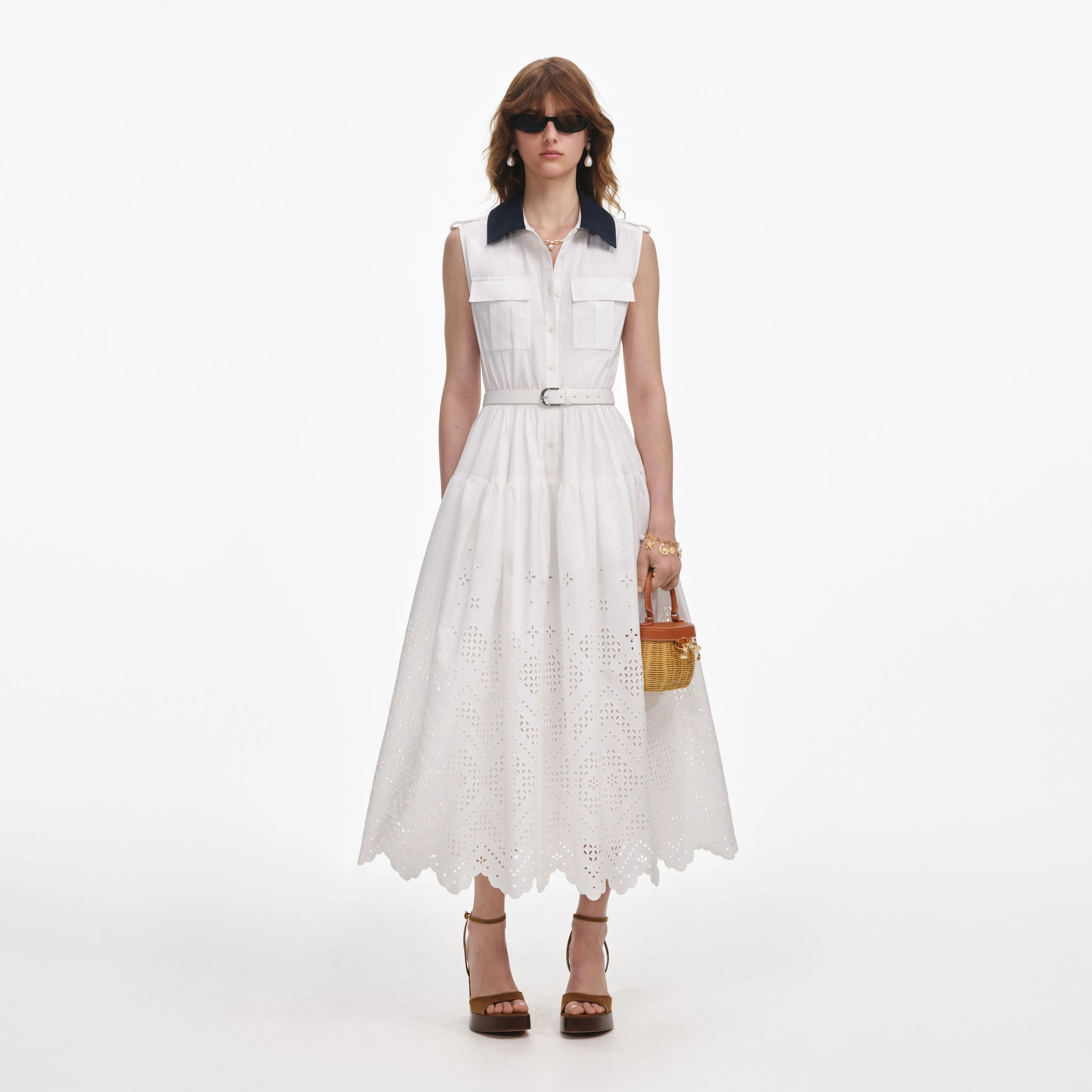 White Contrast Collar Broderie Midi Dress Self Portrait
