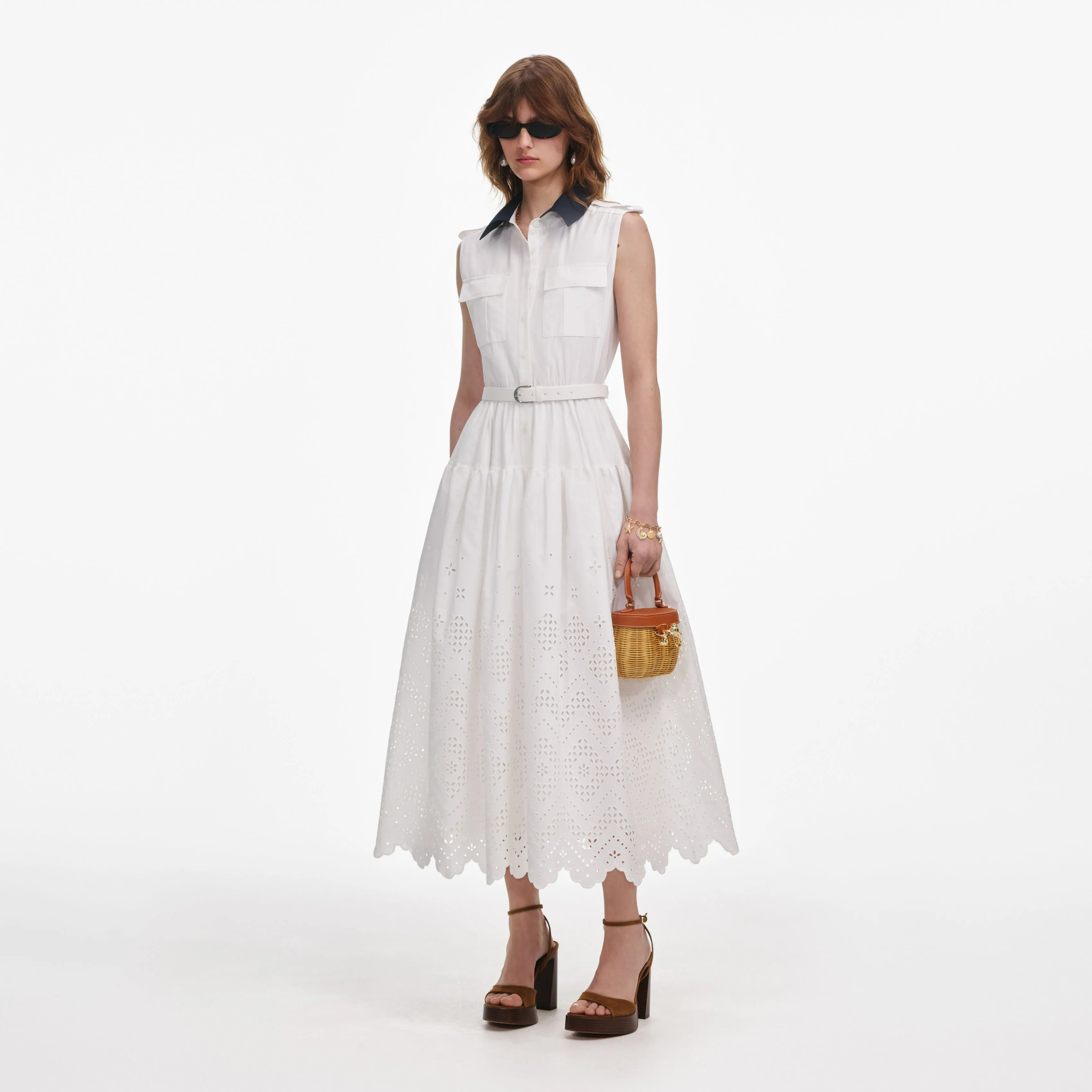 White Contrast Collar Broderie Midi Dress Self Portrait